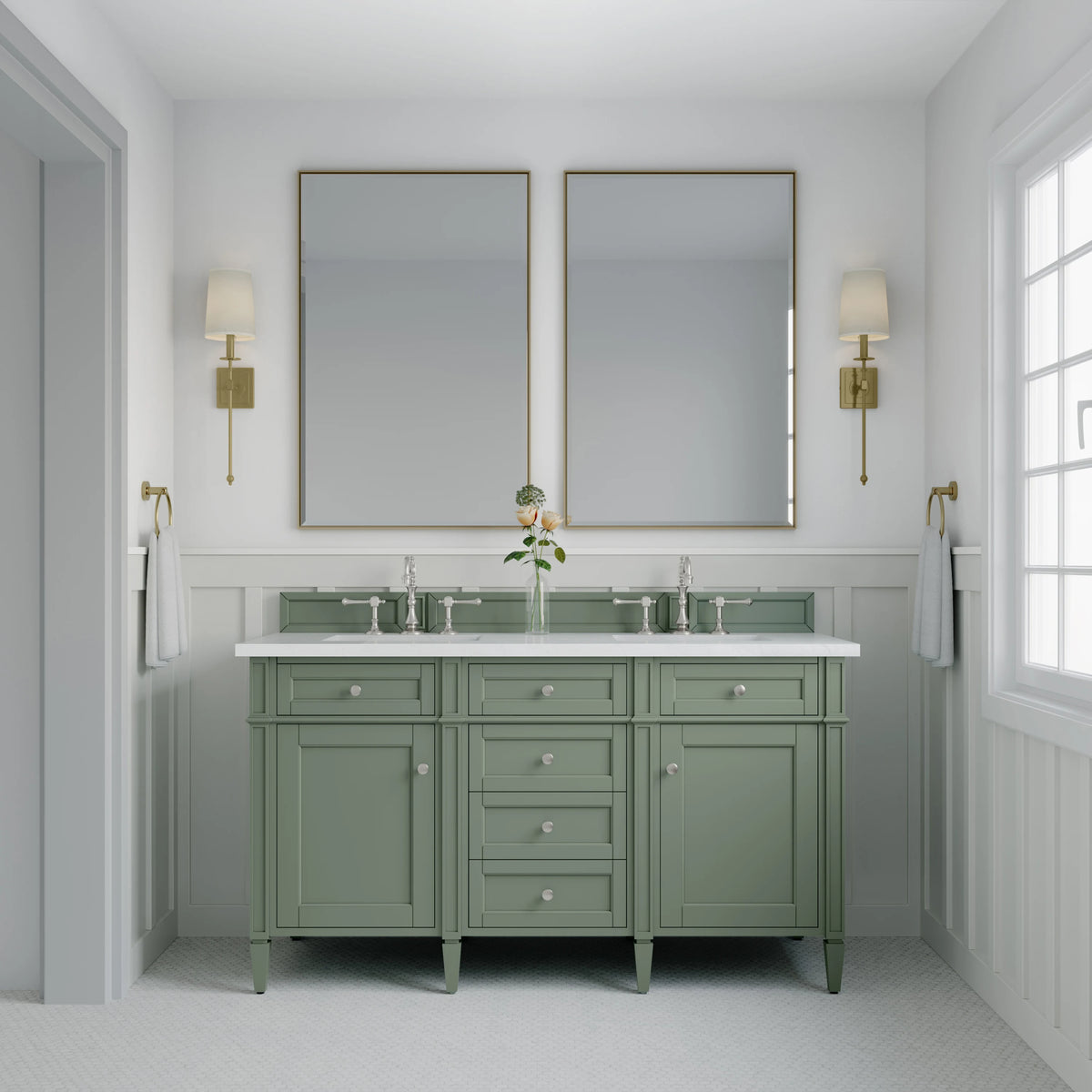 Brittany 60" Double Vanity, Smokey Celadon w/ 3 CM White Zeus Top, view 3