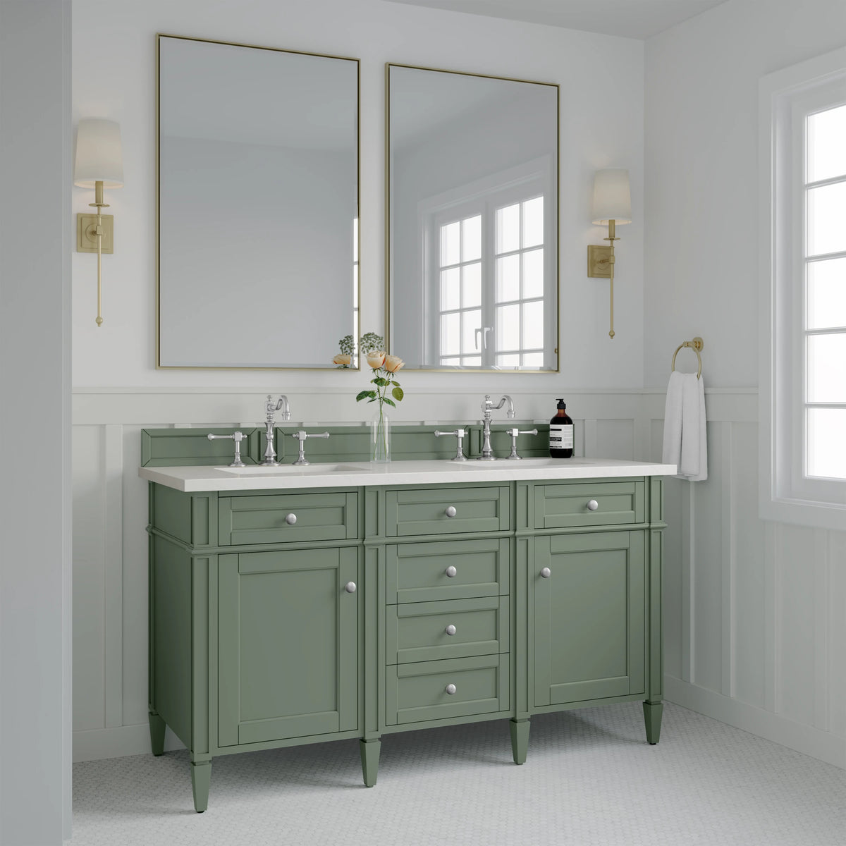 Brittany 60" Double Vanity, Smokey Celadon w/ 3 CM White Zeus Top, view 4