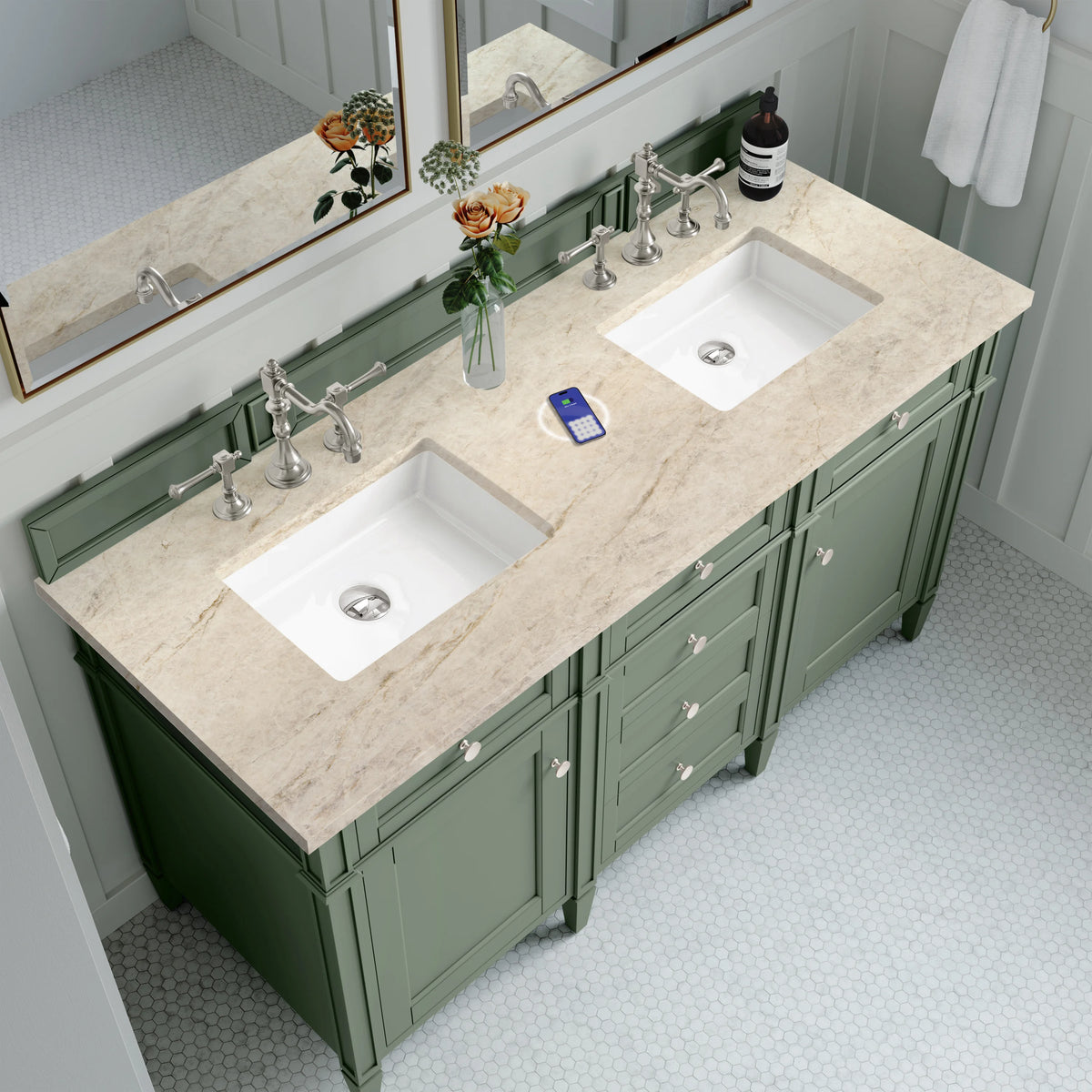 Brittany 60" Double Vanity, Smokey Celadon, w/ 3 CM Tajnar Eclos Top w/FreePower Wireless Charger, view 8