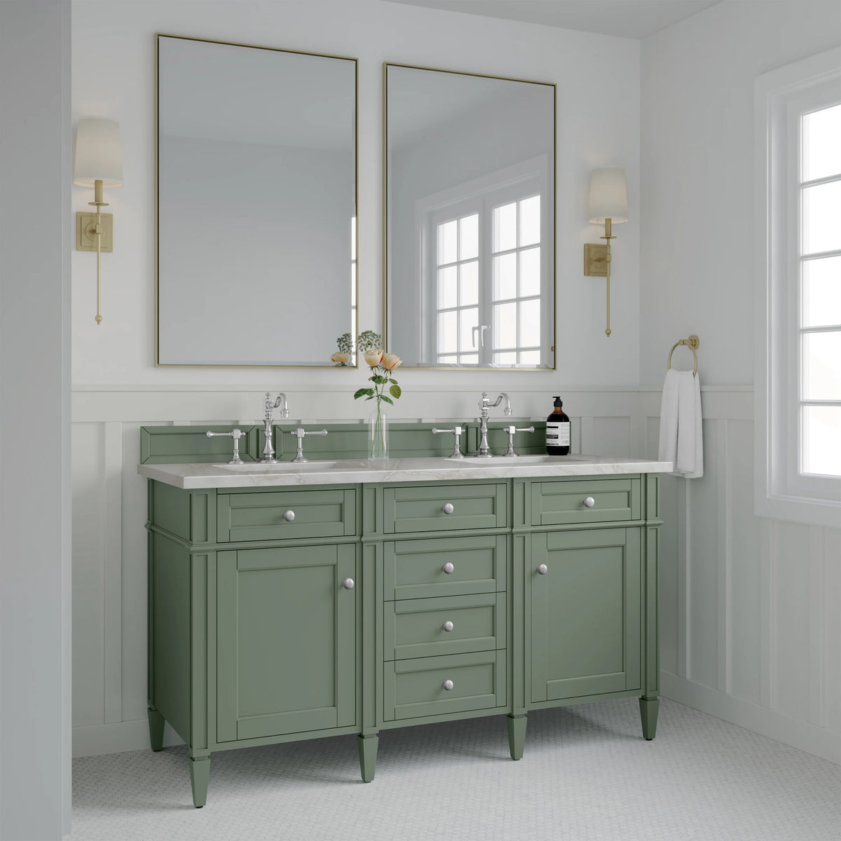 Brittany 60" Double Vanity, Smokey Celadon w/ 3 CM Victorian Silver Top w/FreePower Wireless Charger, view 7