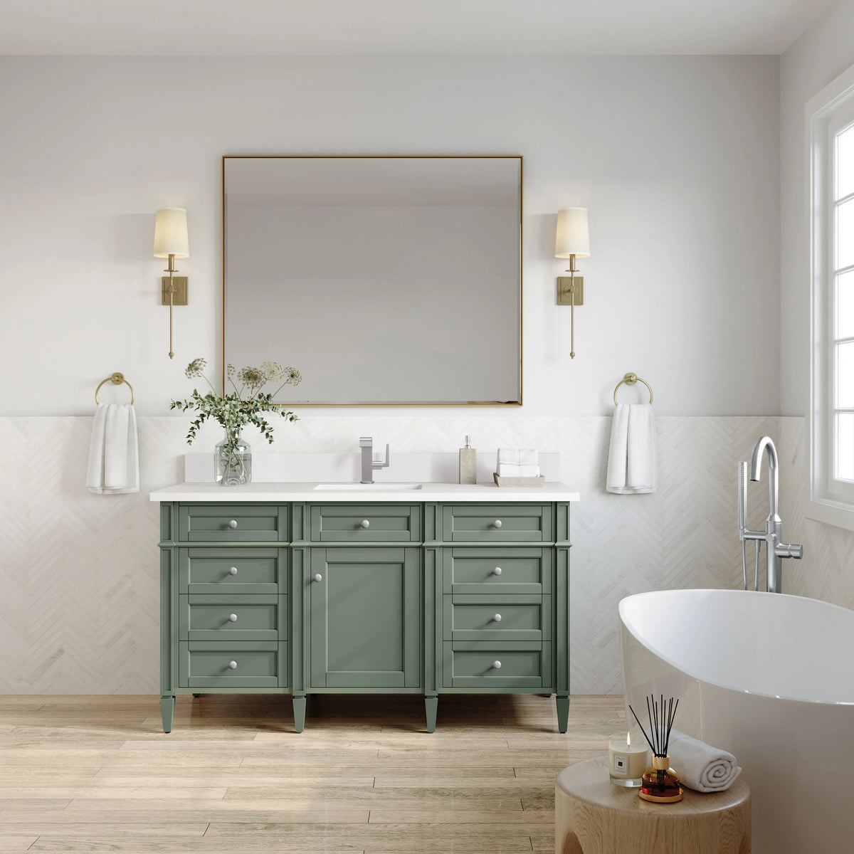 Brittany 60" Single Vanity, Smokey Celadon w/ Single Hole 3 CM White Zeus Top & Backsplash, view 3