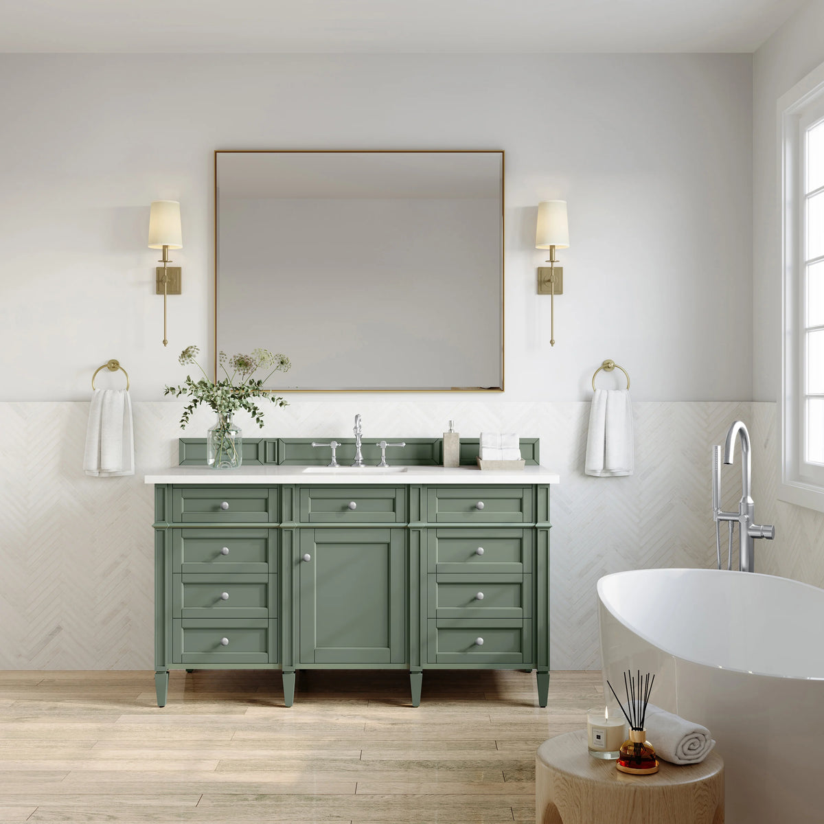 Brittany 60" Single Vanity, Smokey Celadon w/ 3 CM White Zeus Top, view 3