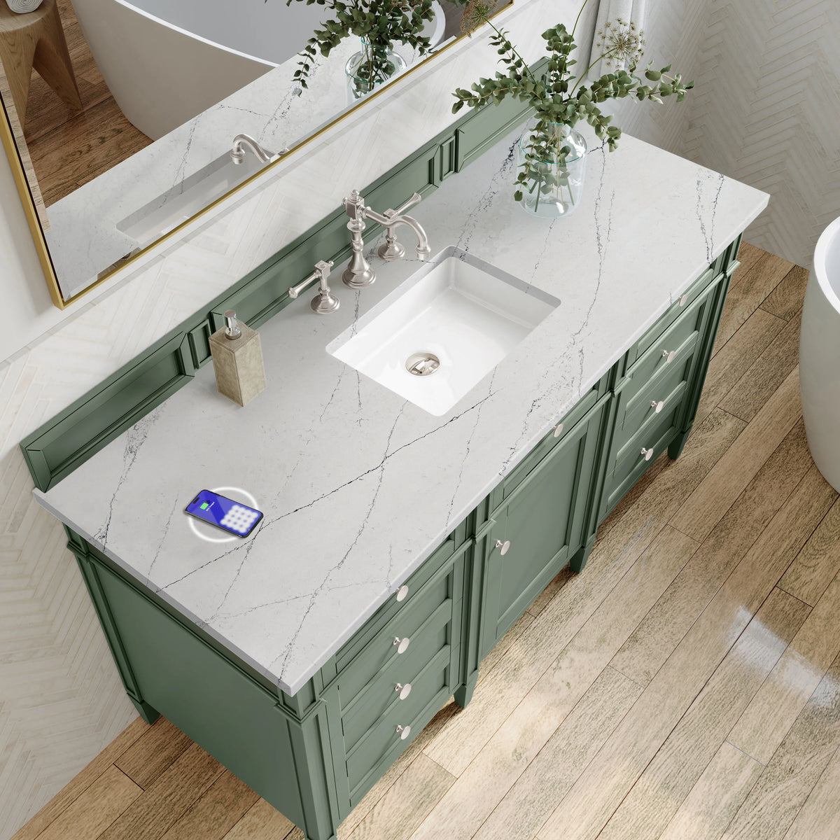 Brittany 60" Single Vanity, Smokey Celadon w/ 3 CM Ethereal Noctis Top w/FreePower Wireless Charger, view 10