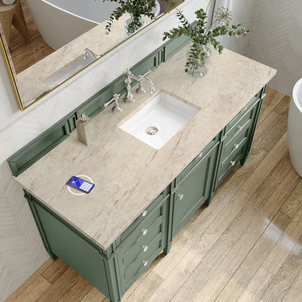Brittany 60" Single Vanity, Smokey Celadon, w/ 3 CM Tajnar Eclos Top w/FreePower Wireless Charger, view 8