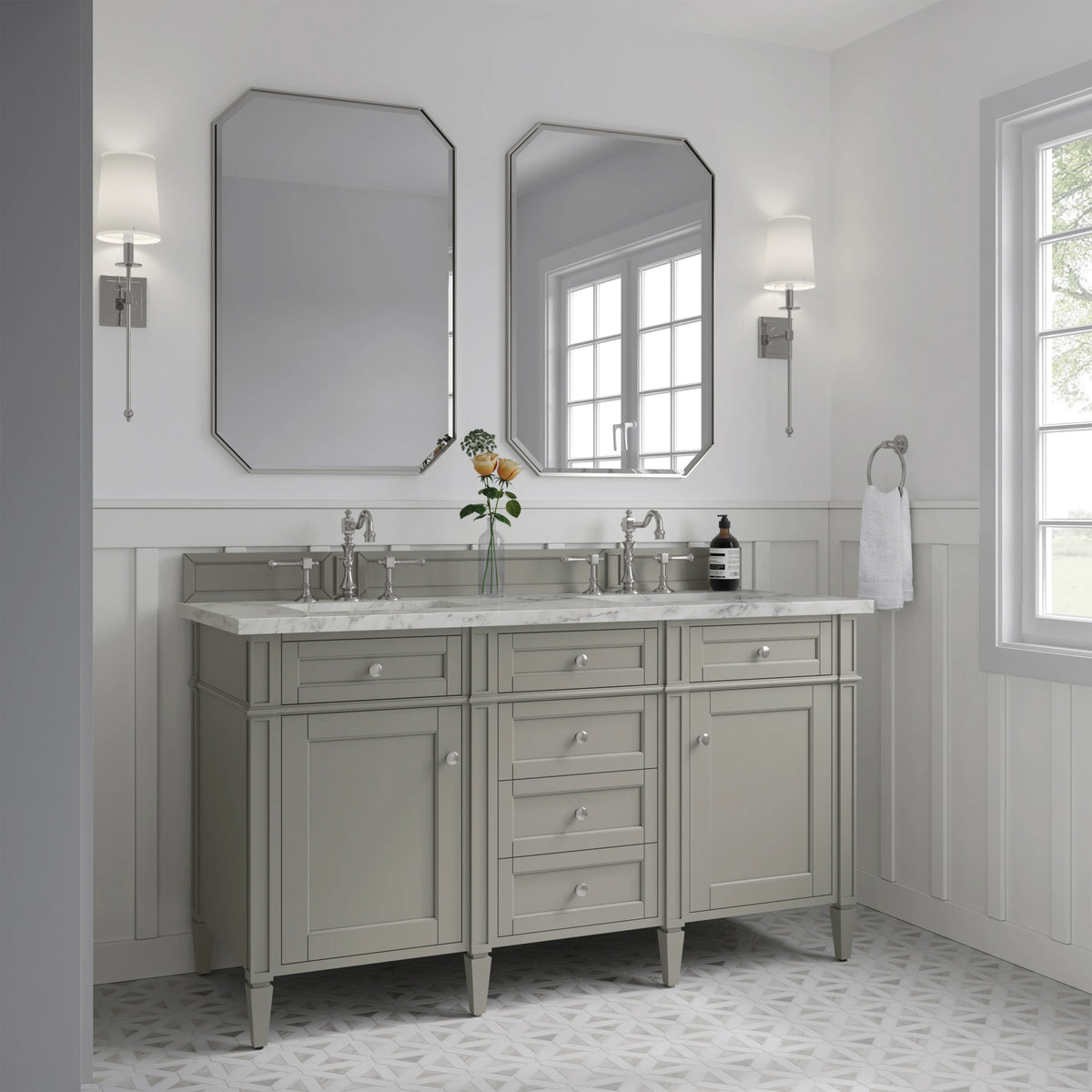 Brittany 60" Double Vanity, Urban Gray w/ 3 CM Carrara Marble Top, view 4