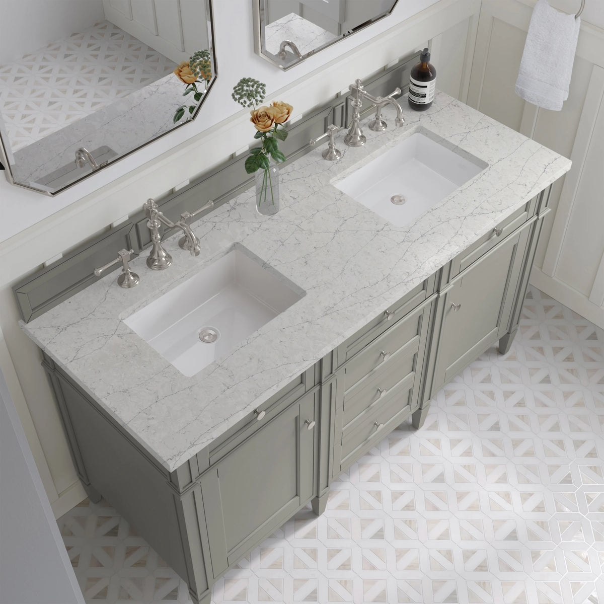 Brittany 60" Double Vanity, Urban Gray w/ 3 CM Eternal Jasmine Pearl Silestone Top, view 7