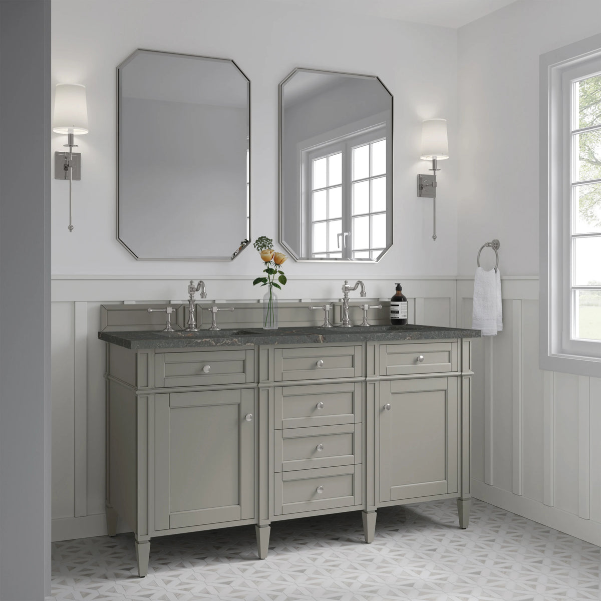 Brittany 60" Double Vanity, Urban Gray w/ 3 CM Parisien Bleu Silestone Top, view 4