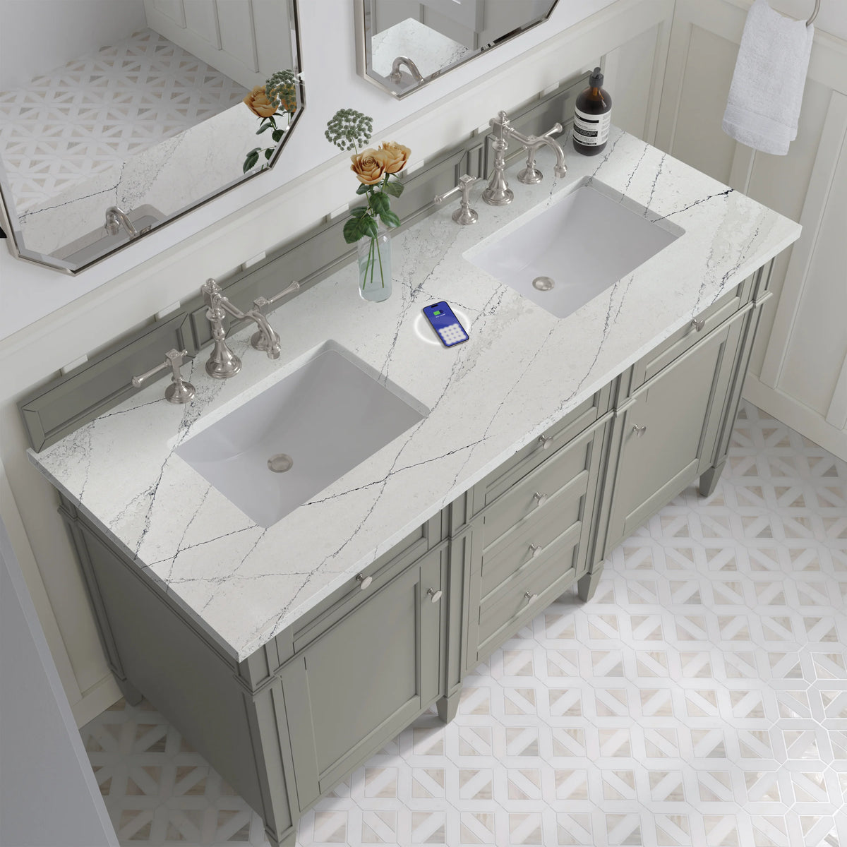 Brittany 60" Double Vanity, Urban Gray w/ 3 CM Ethereal Noctis Silestone Top w/FreePower Wireless Charger, view 10