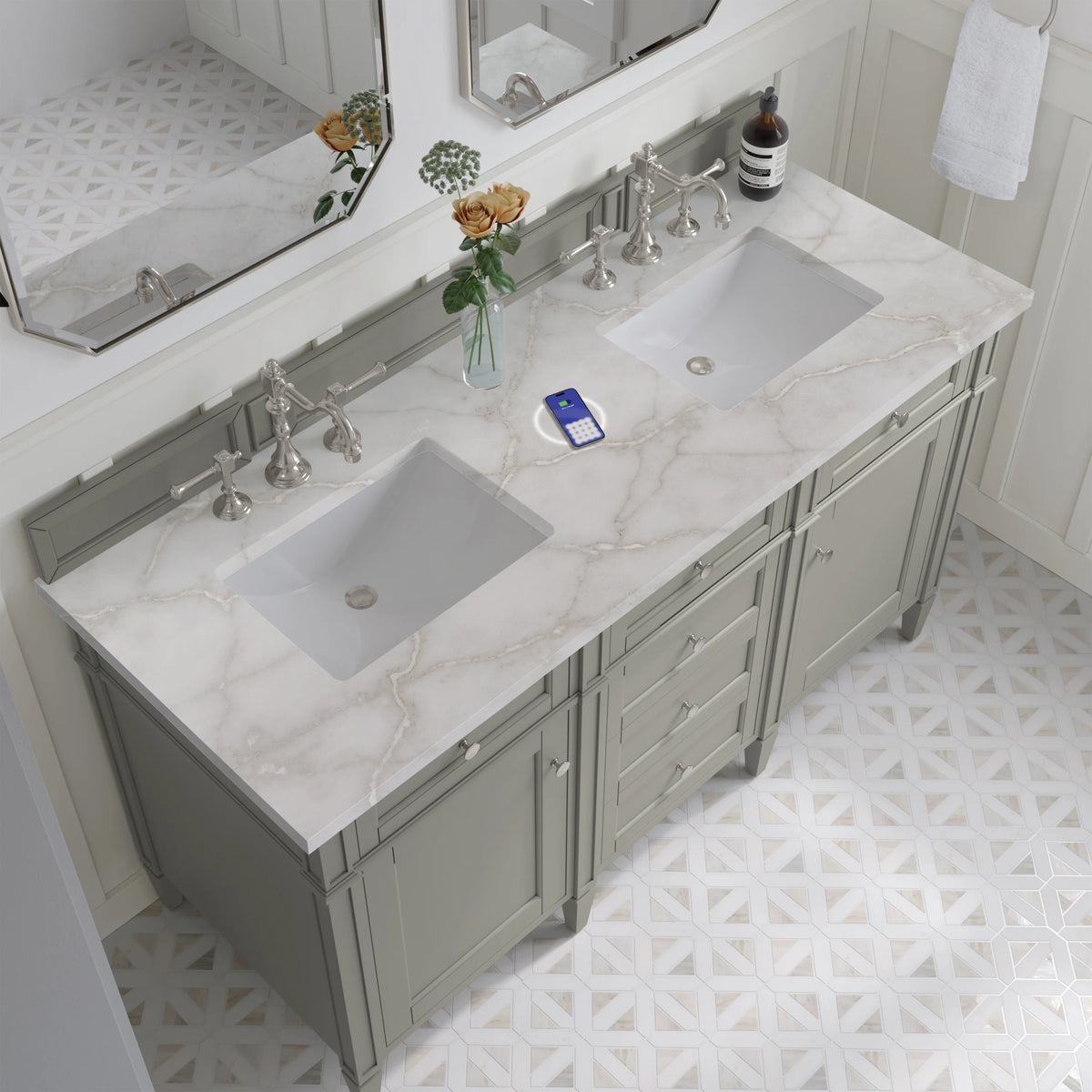 Brittany 60" Double Vanity, Urban Gray w/ 3 CM Victorian Silver Silestone Top w/FreePower Wireless Charger, view 10