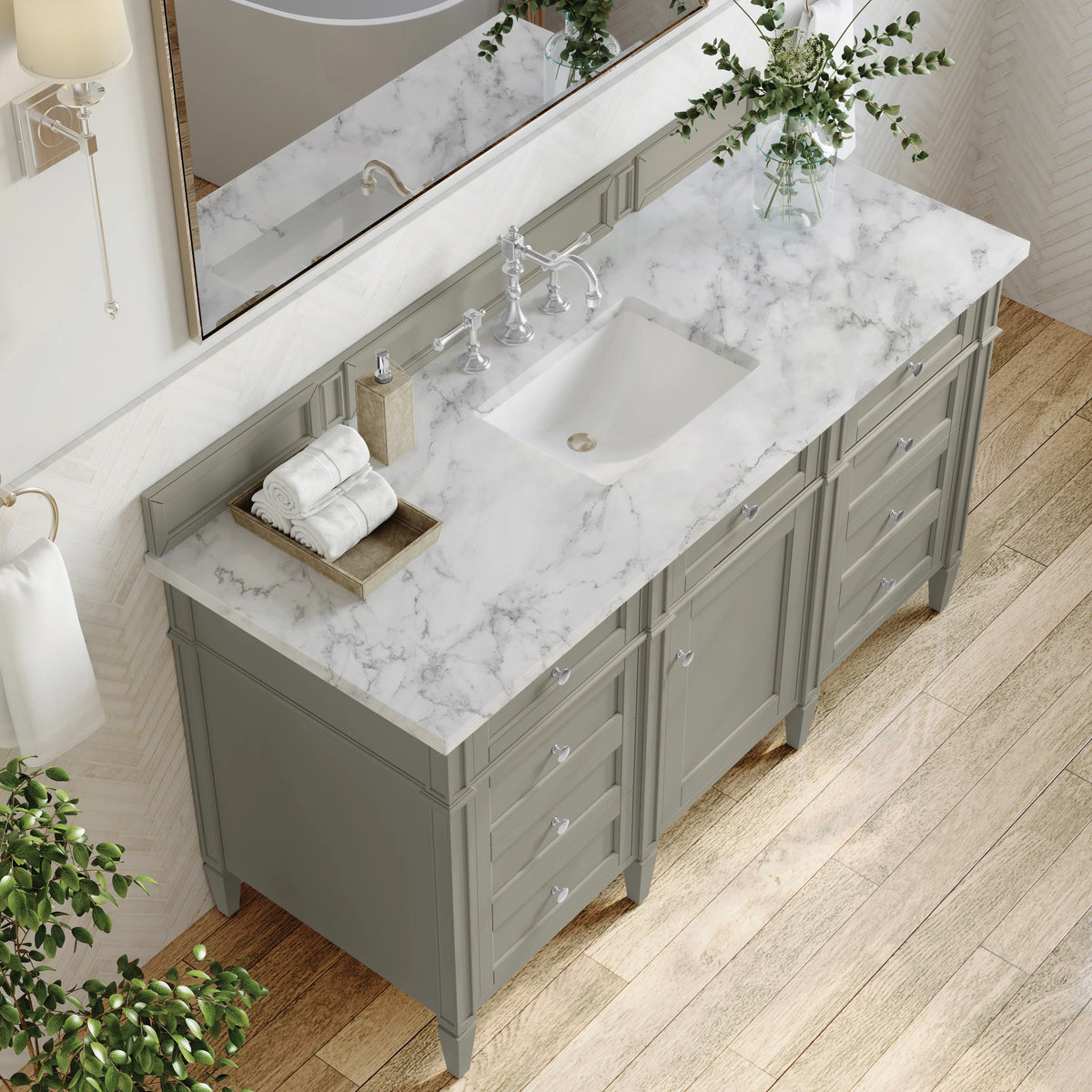 Brittany 60" Single Vanity, Urban Gray w/ 3 CM Carrara Marble Top, view 8