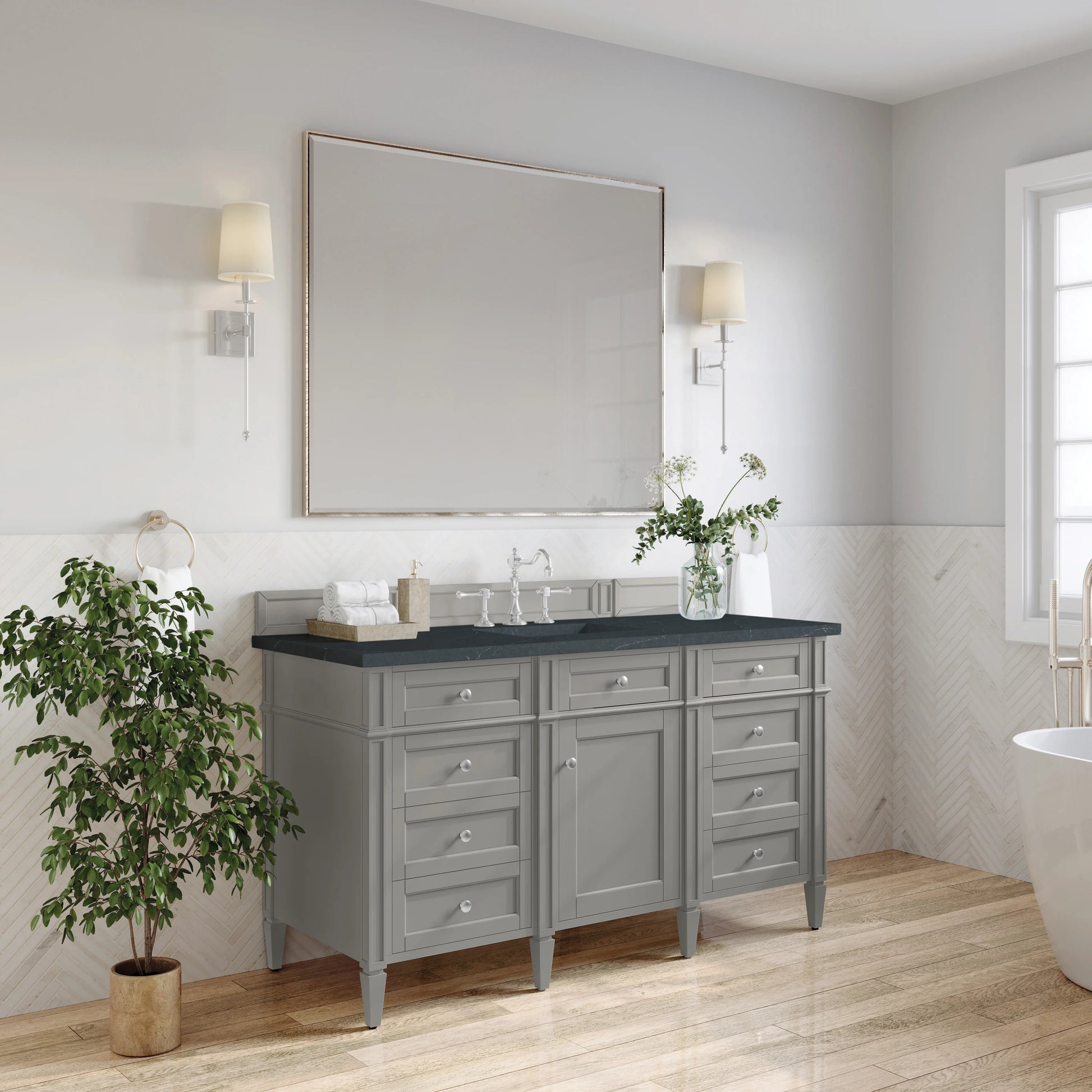 Brittany 60" Single Vanity, Urban Gray w/ 3 CM Charcoal Soapstone Silestone Top, view 4