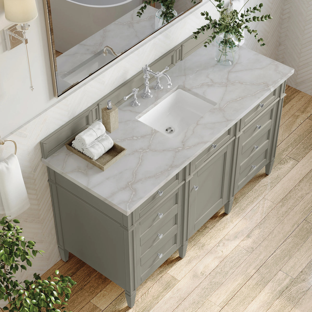 Brittany 60" Single Vanity, Urban Gray w/ 3 CM Victorian Silver Silestone Top, view 7