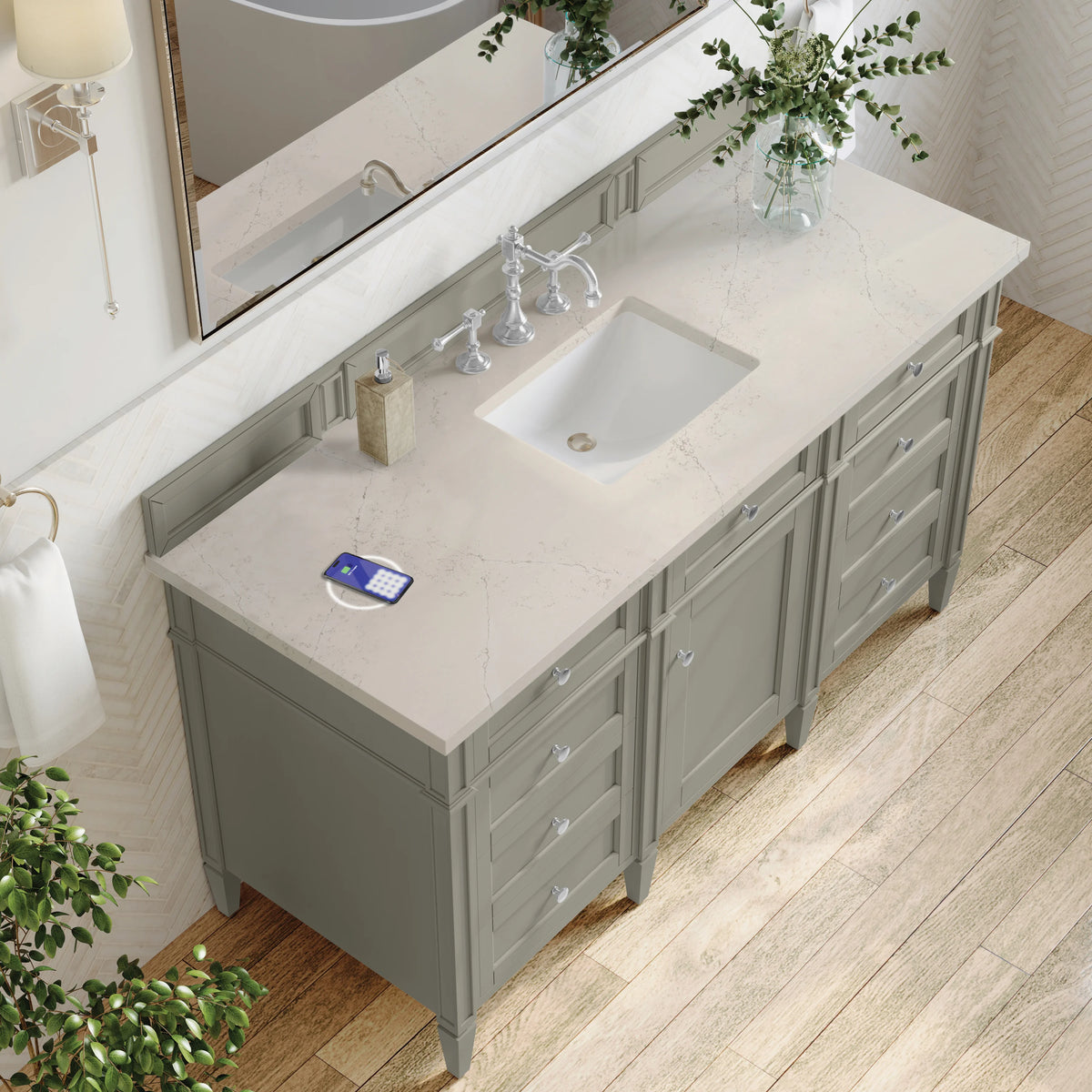 Brittany 60" Single Vanity, Urban Gray, w/ 3 CM Siberian Silestone Top w/FreePower Wireless Charger, view 8