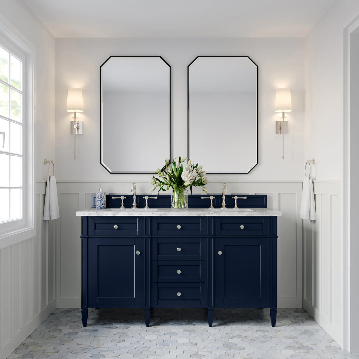 Brittany 60" Double Vanity, Victory Blue w/ 3 CM Carrara Marble Top, view 3