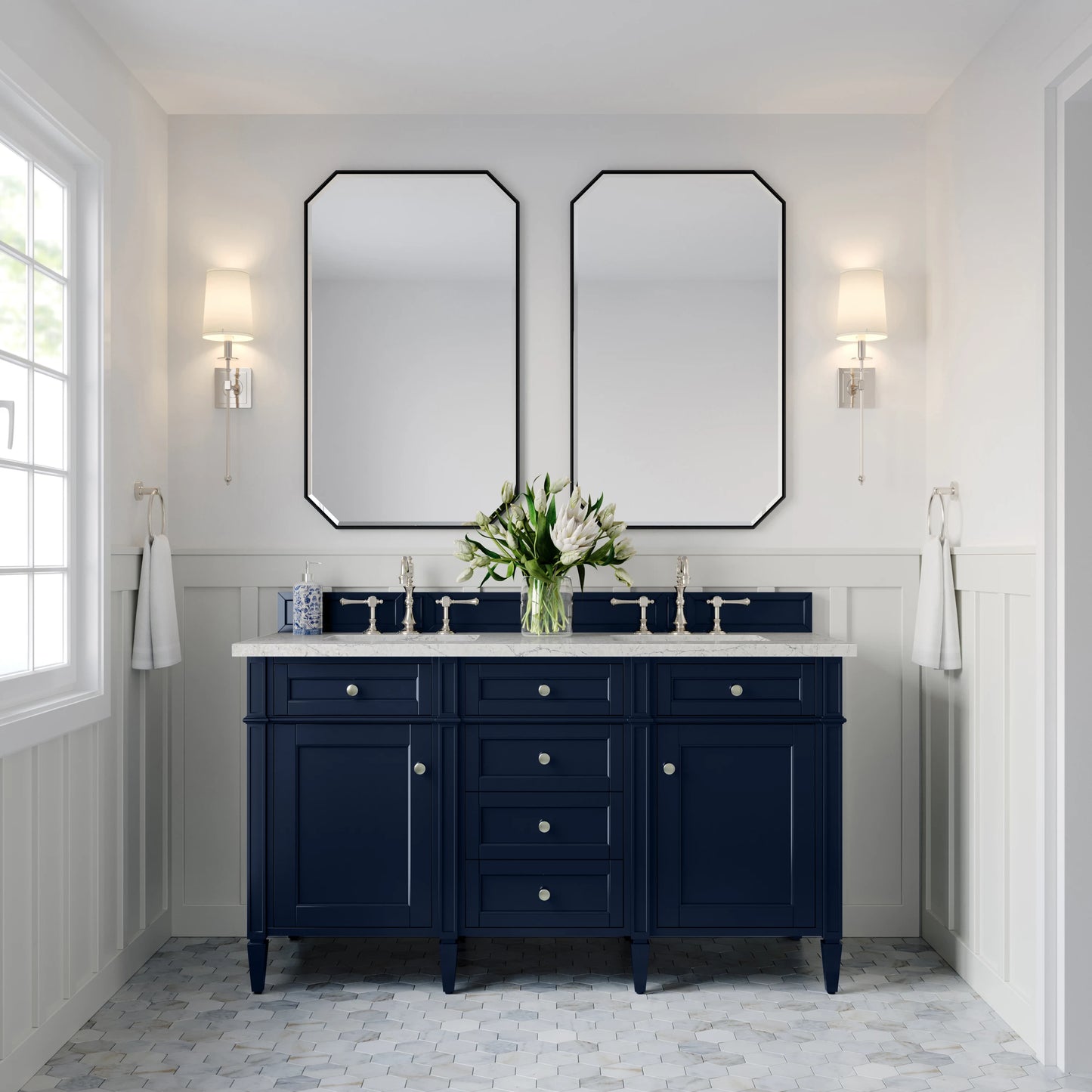 Brittany 60" Double Vanity, Victory Blue w/ 3 CM Eternal Jasmine Pearl Silestone Top, view 3