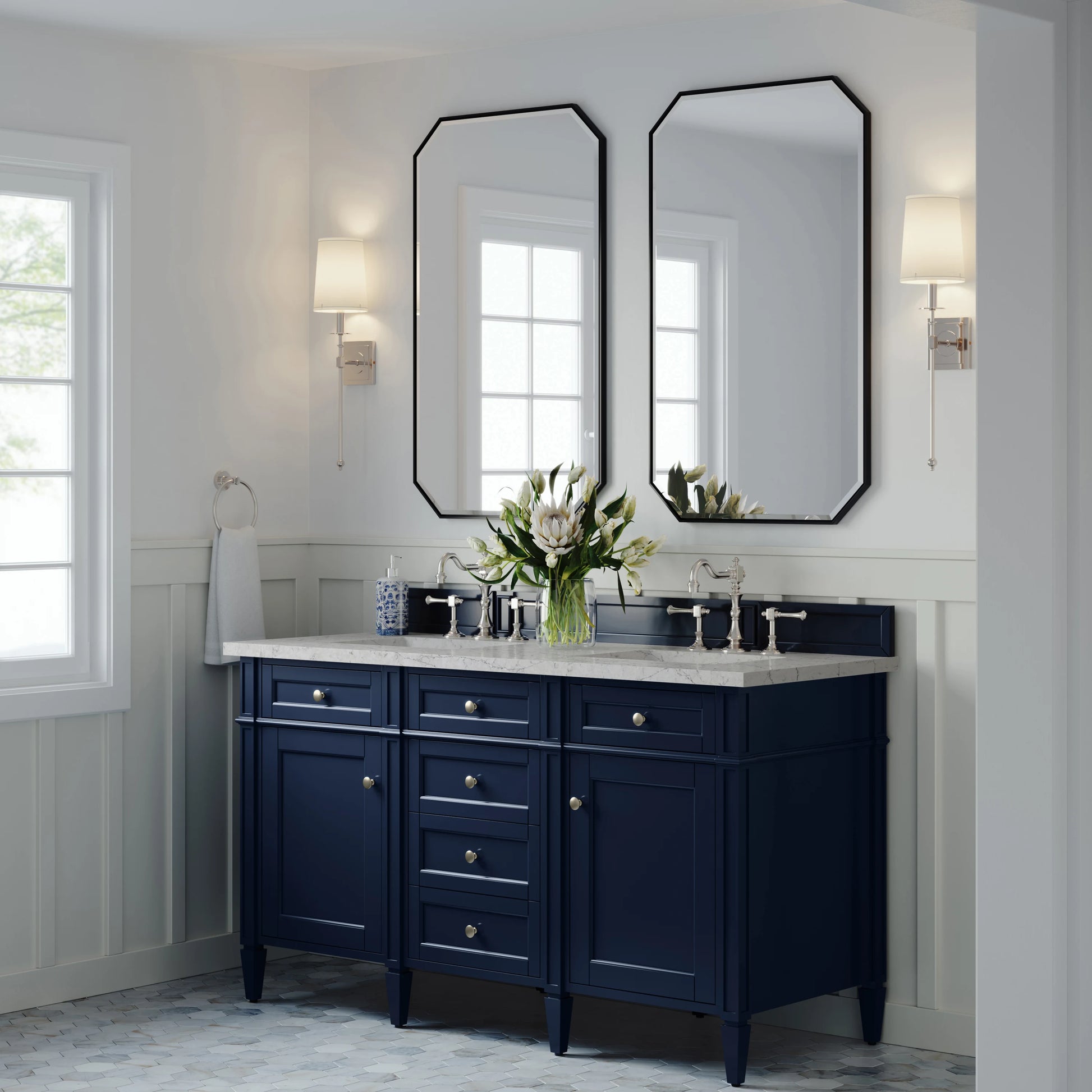 Brittany 60" Double Vanity, Victory Blue w/ 3 CM Eternal Jasmine Pearl Silestone Top, view 4