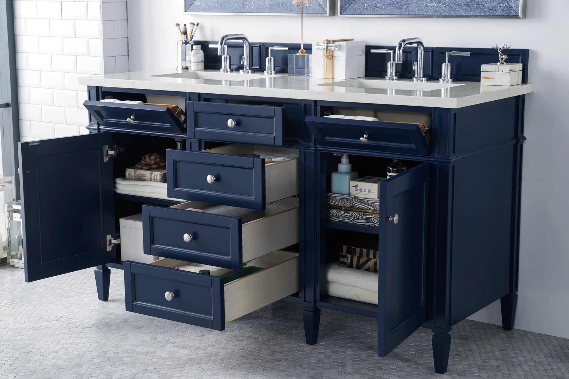Brittany 60" Double Vanity, Victory Blue w/ 3 CM Eternal Jasmine Pearl Silestone Top, view 5