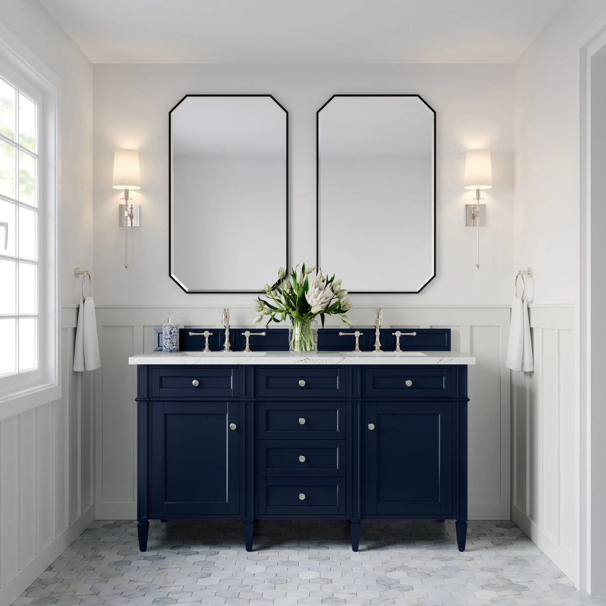 Brittany 60" Double Vanity, Victory Blue w/ 3 CM Ethereal Noctis Silestone Top, view 3