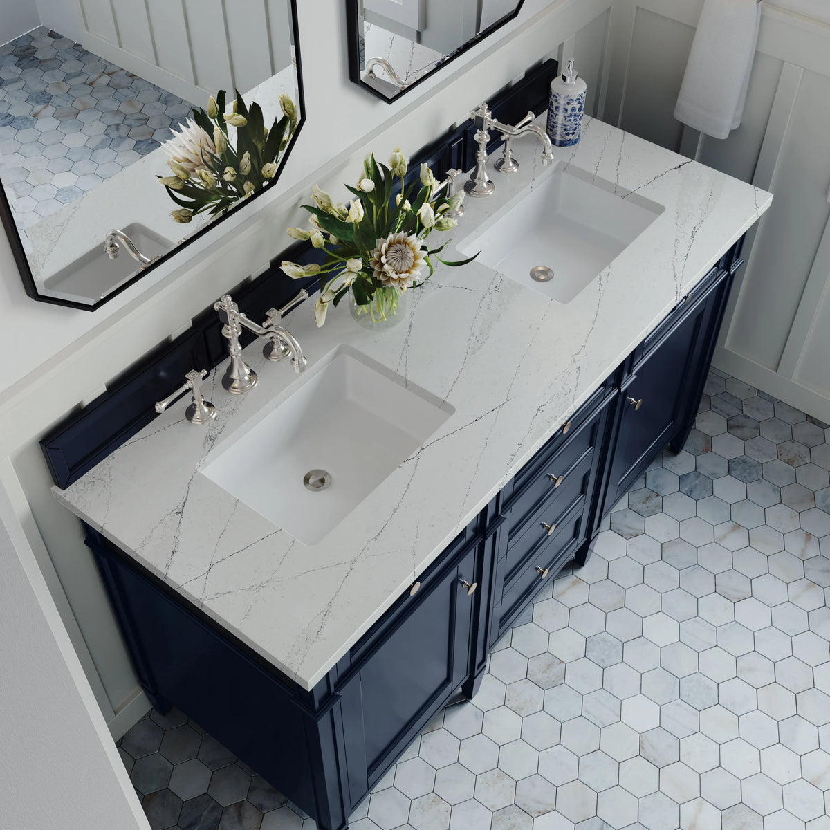 Brittany 60" Double Vanity, Victory Blue w/ 3 CM Ethereal Noctis Silestone Top, view 7