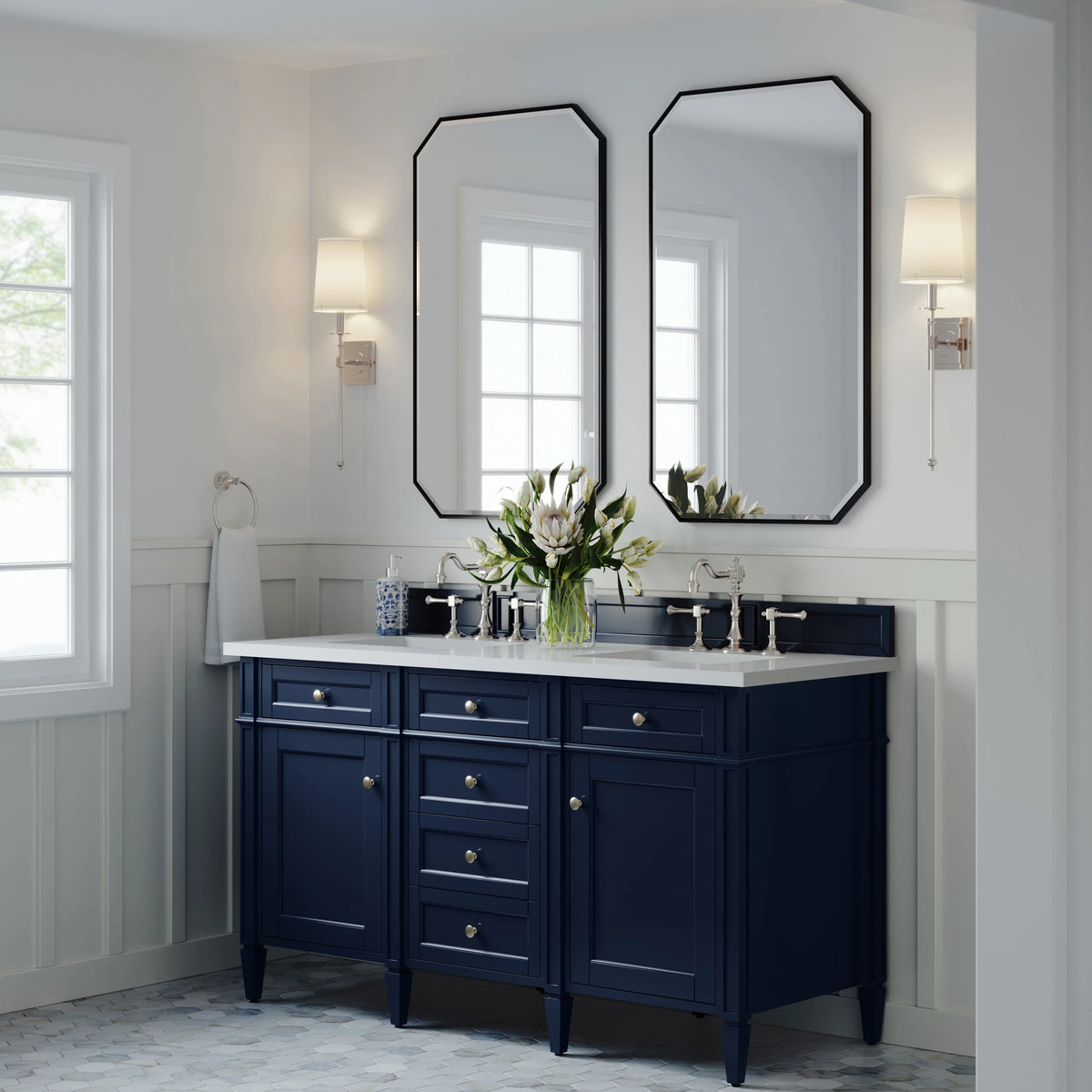 Brittany 60" Double Vanity, Victory Blue w/ 3 CM White Zeus Silestone Top, view 4