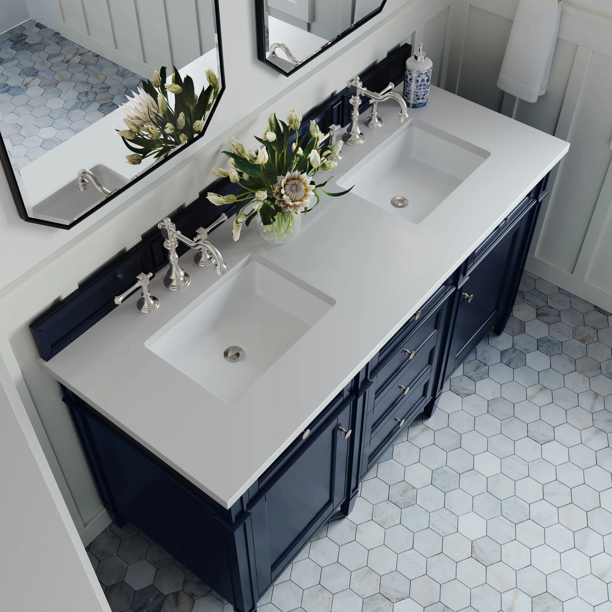 Brittany 60" Double Vanity, Victory Blue w/ 3 CM White Zeus Silestone Top, view 6