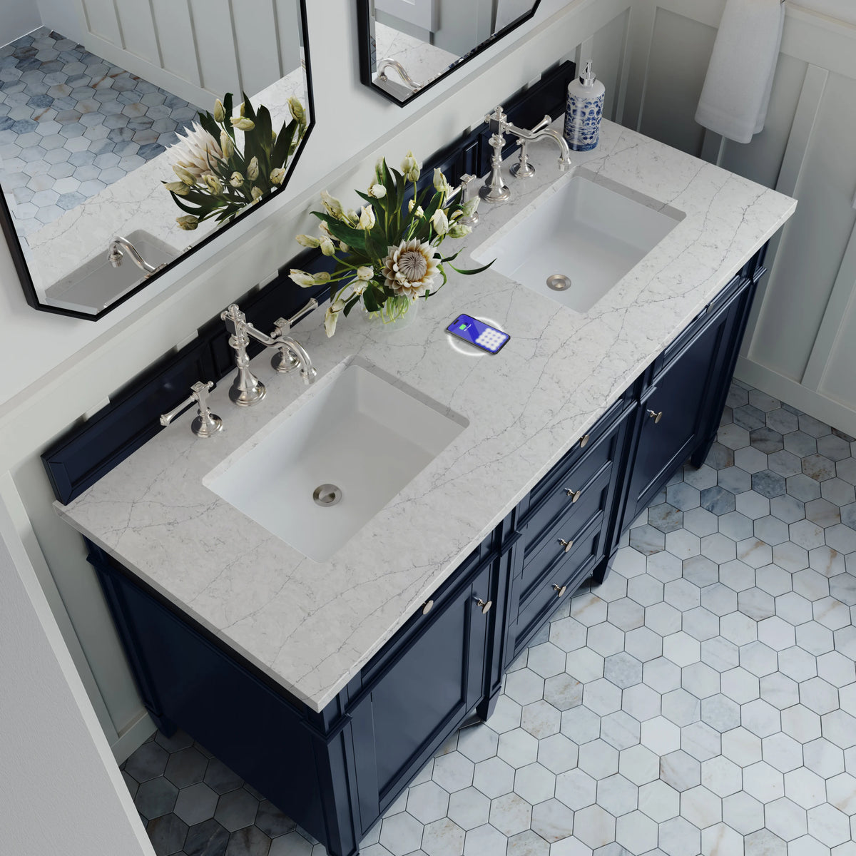 Brittany 60" Double Vanity, Victory Blue w/ 3 CM Eternal Jasmine Pearl Silestone Top w/FreePower Wireless Char, view 13