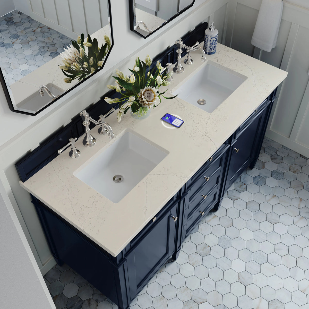 Brittany 60" Double Vanity, Victory Blue, w/ 3 CM Siberian Silestone Top w/FreePower Wireless Charger, view 8