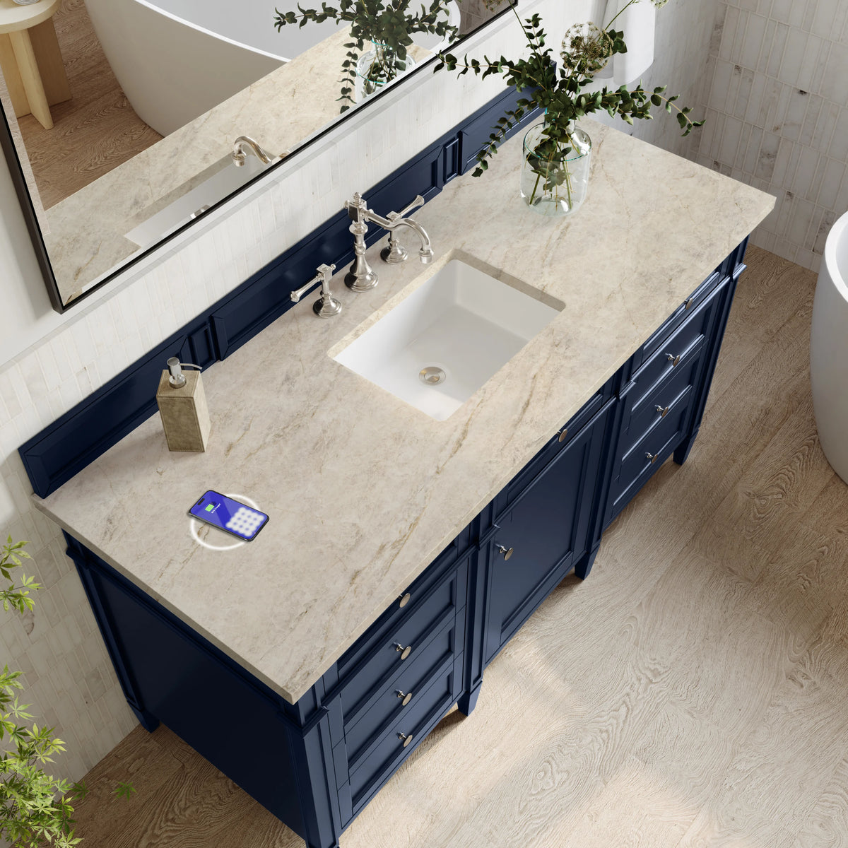 Brittany 60" Single Vanity, Victory Blue, w/ 3 CM Tajnar Eclos Top w/FreePower Wireless Charger, view 8