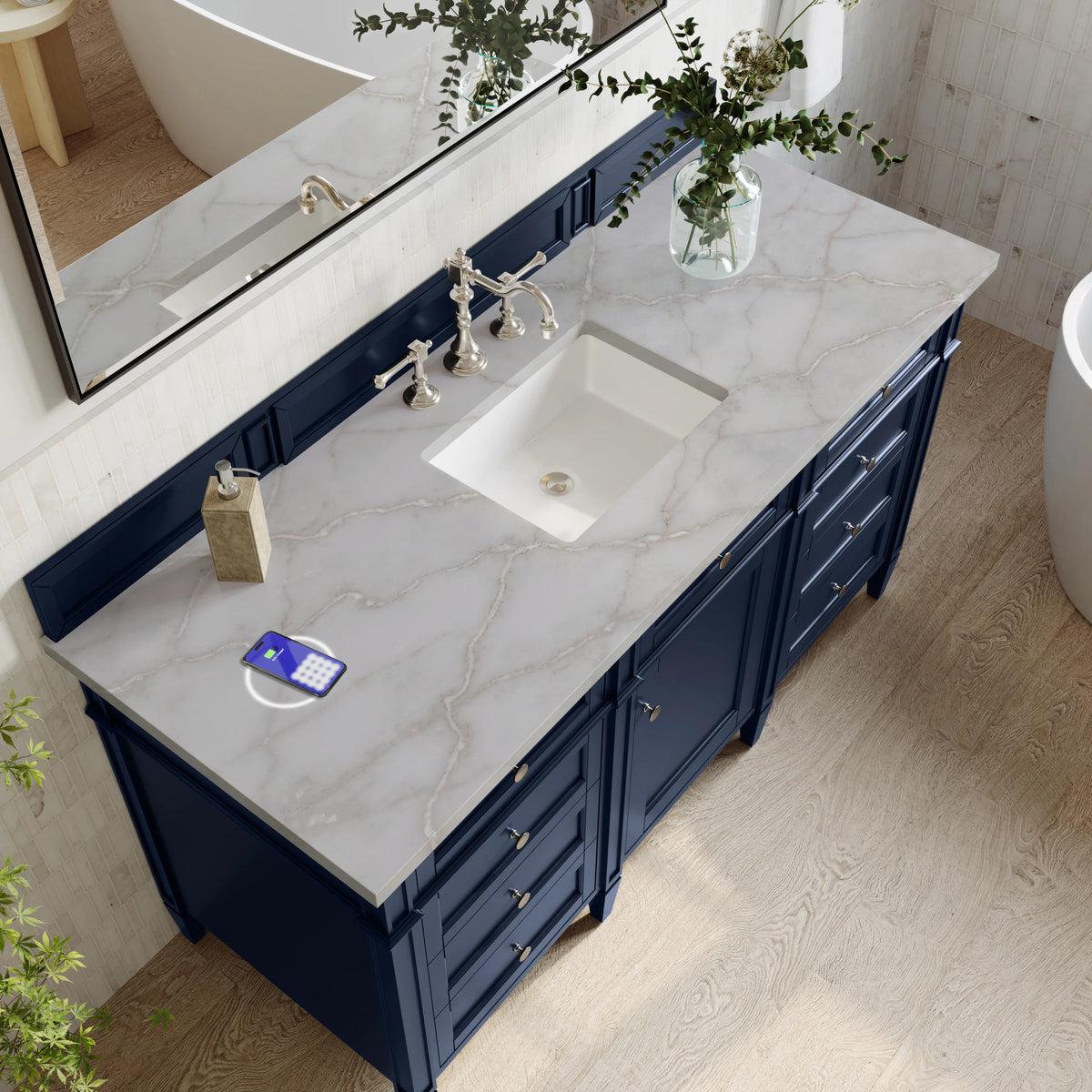 Brittany 60" Single Vanity, Victory Blue w/ 3 CM Victorian Silver Silestone Top w/FreePower Wireless Charger, view 10