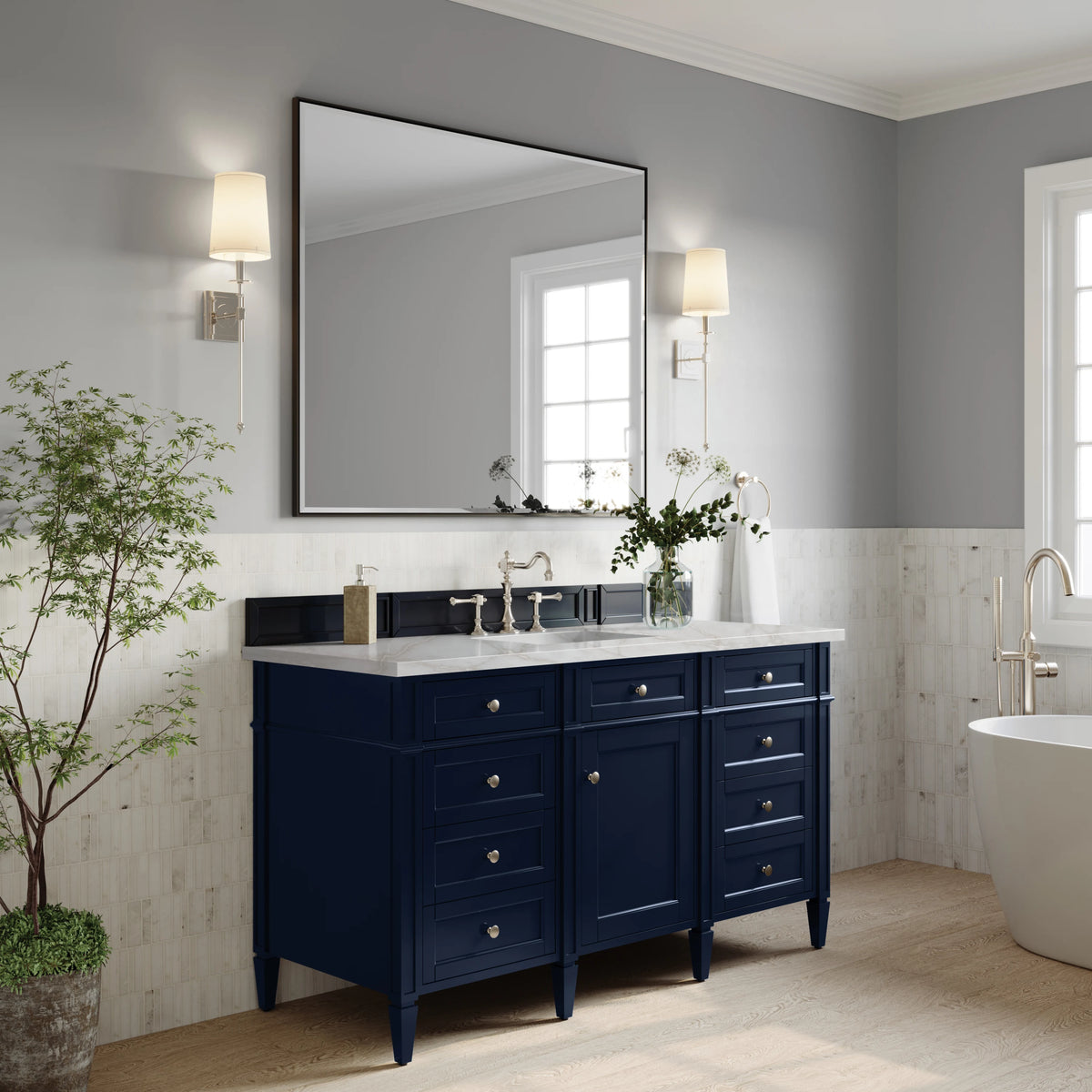 Brittany 60" Single Vanity, Victory Blue w/ 3 CM Victorian Silver Silestone Top w/FreePower Wireless Charger, view 7