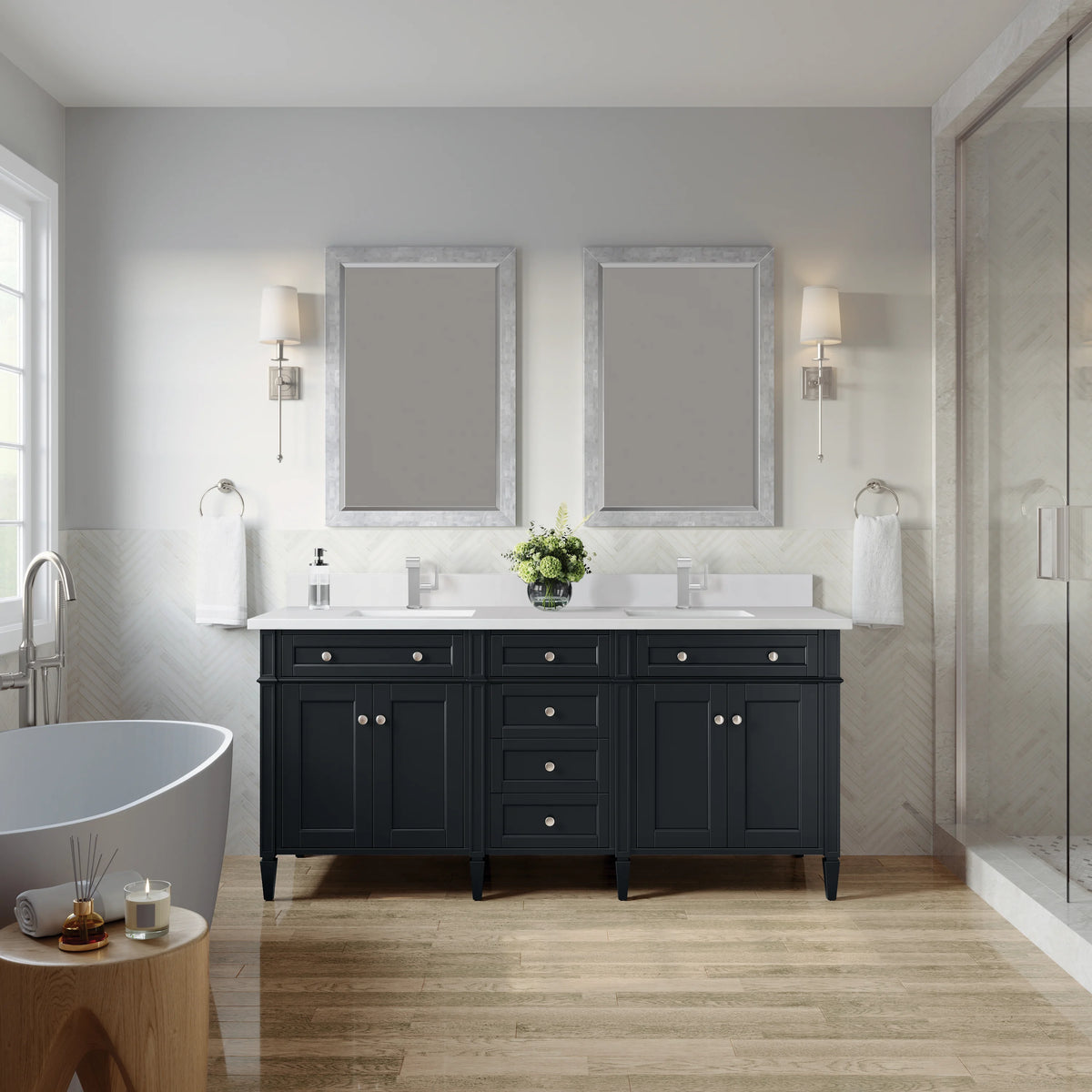 Brittany 72" Double Vanity, Black Onyx w/ Single Hole 3 CM White Zeus Silestone Top & Backsplash, view 3