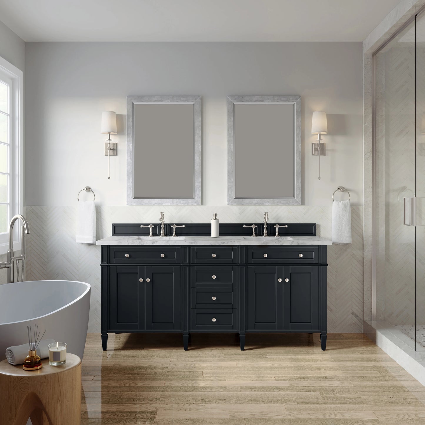 Brittany 72" Double Vanity, Black Onyx w/ 3 CM Carrara Marble Top, view 3