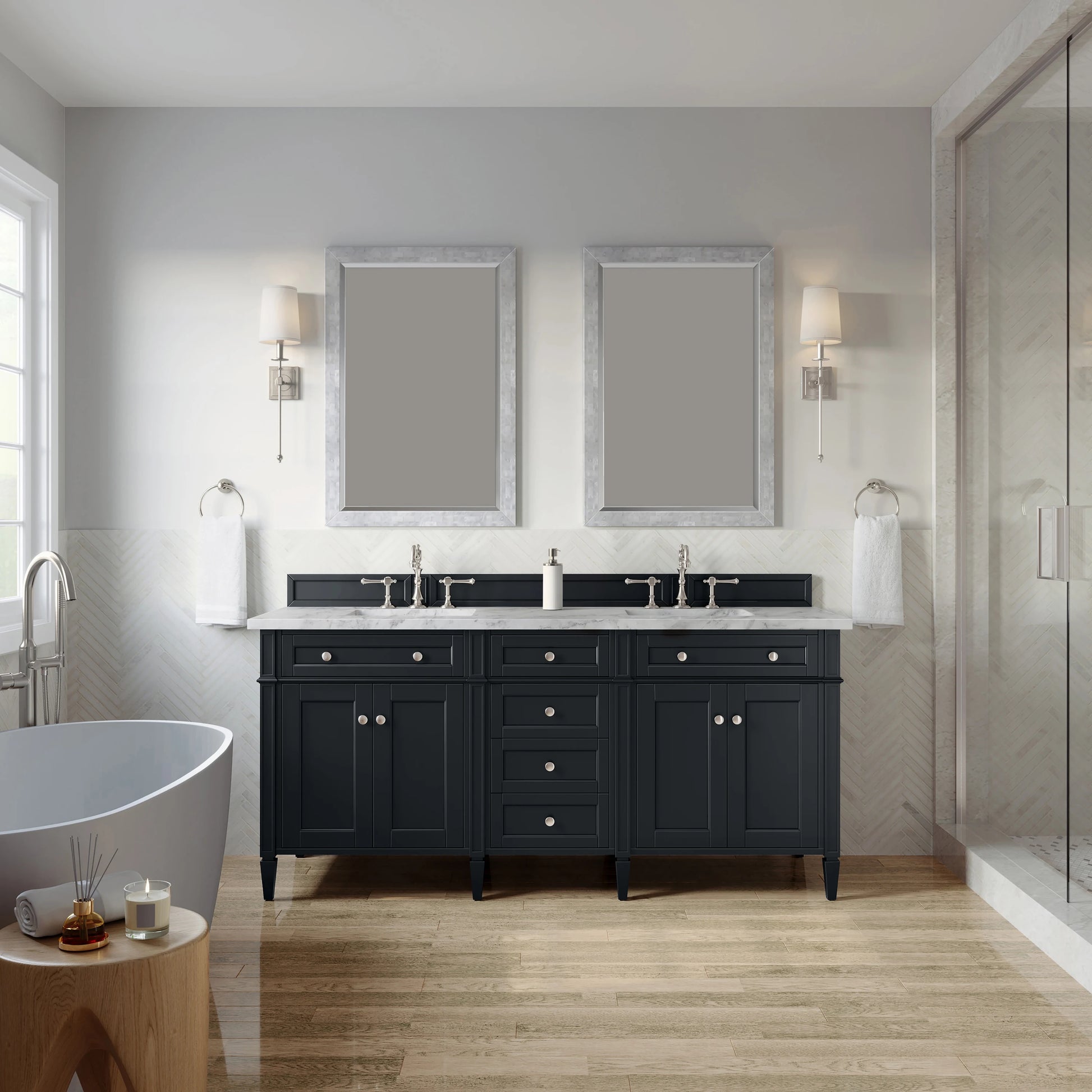 Brittany 72" Double Vanity, Black Onyx w/ 3 CM Carrara Marble Top, view 3