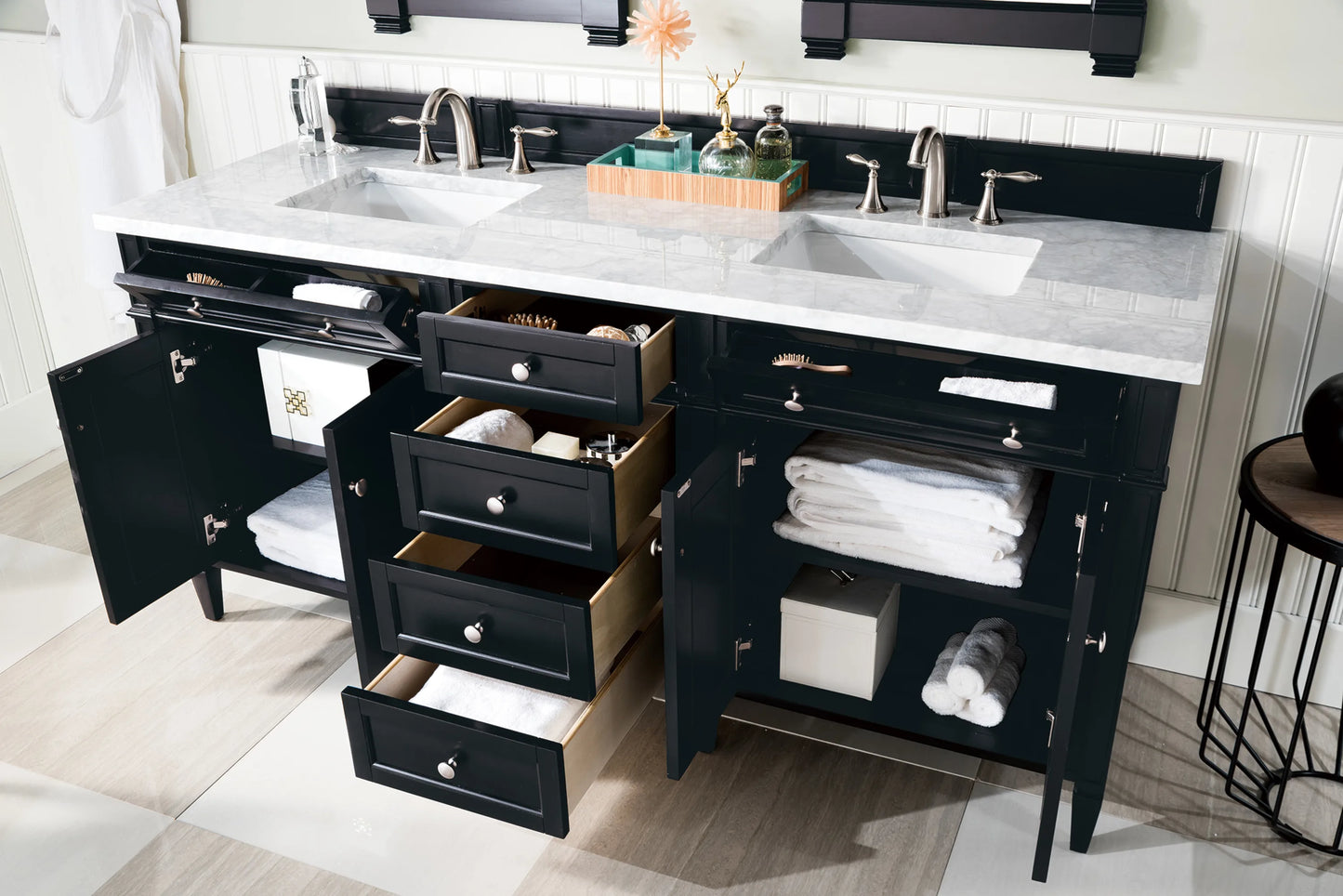 Brittany 72" Double Vanity, Black Onyx w/ 3 CM Carrara Marble Top, view 5
