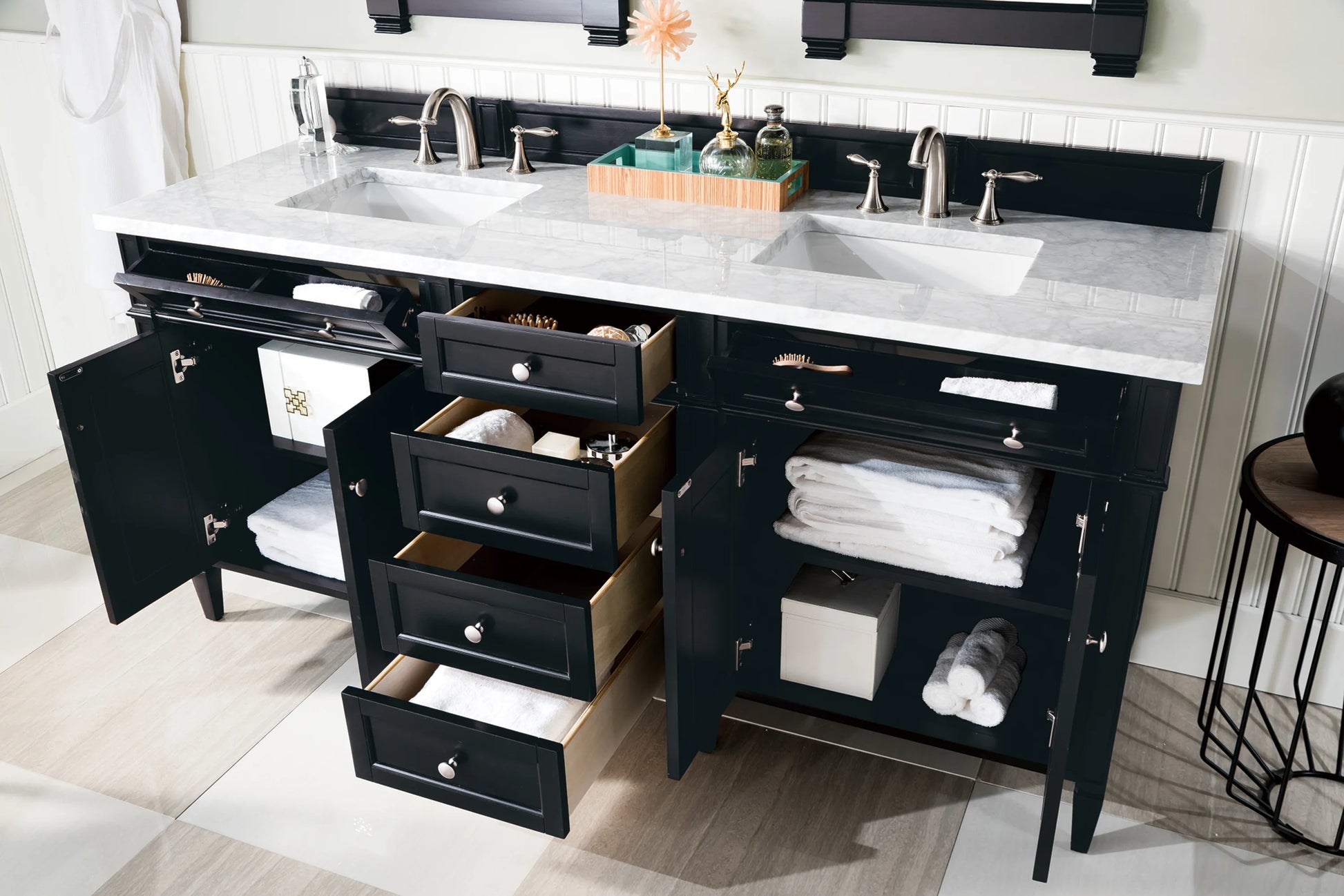 Brittany 72" Double Vanity, Black Onyx w/ 3 CM Carrara Marble Top, view 5