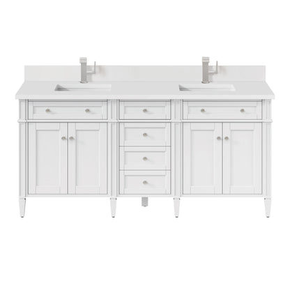 Brittany 72" Double Vanity, Bright White Vanity w/ Single Hole 3 CM White Zeus Silestone Top & Backsplash