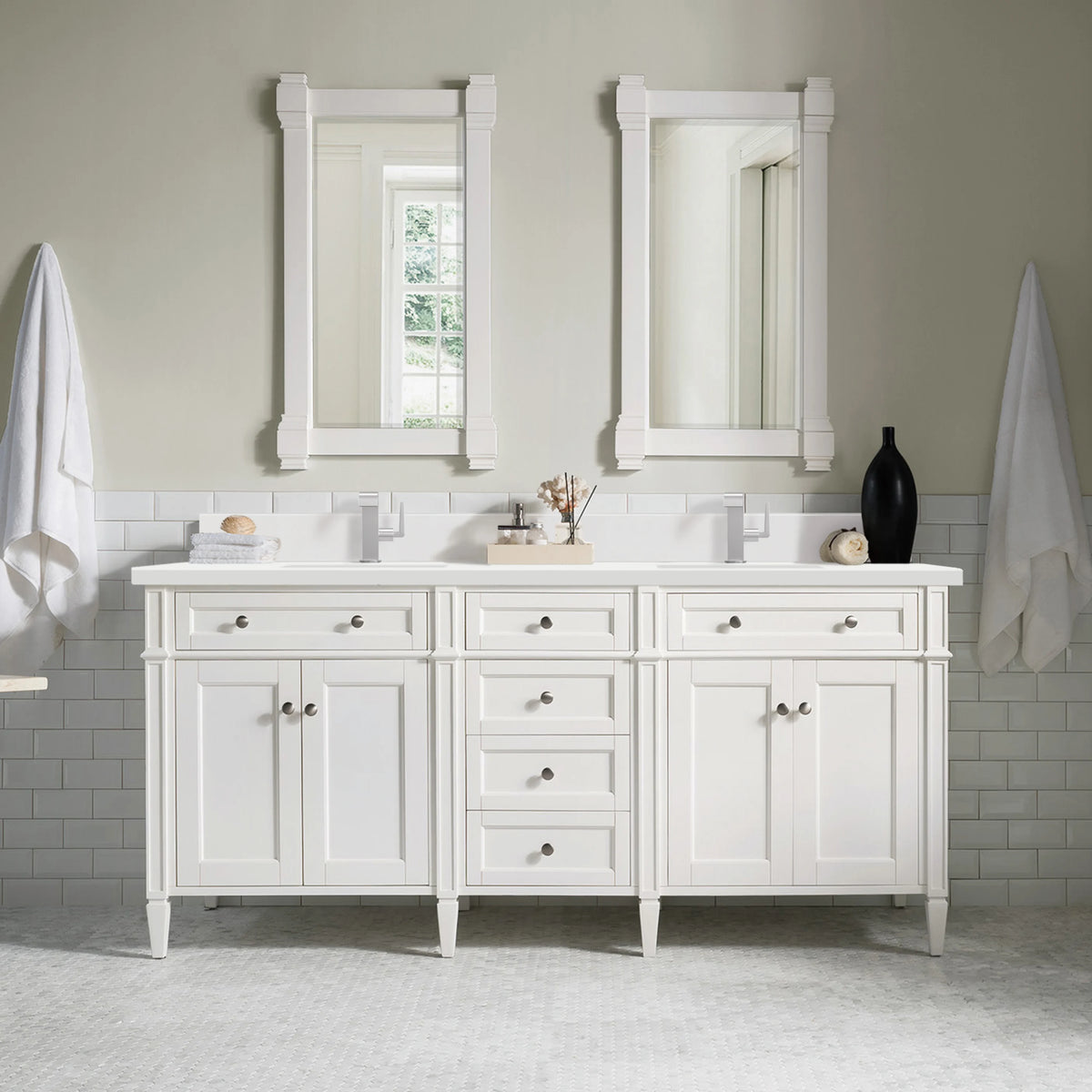 Brittany 72" Double Vanity, Bright White Vanity w/ Single Hole 3 CM White Zeus Silestone Top & Backsplash, view 4