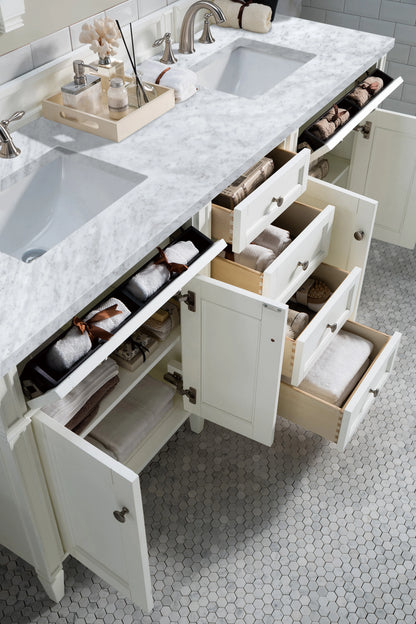 Brittany 72" Double Vanity, Bright White Vanity w/ 3 CM Carrara Marble Top, view 5