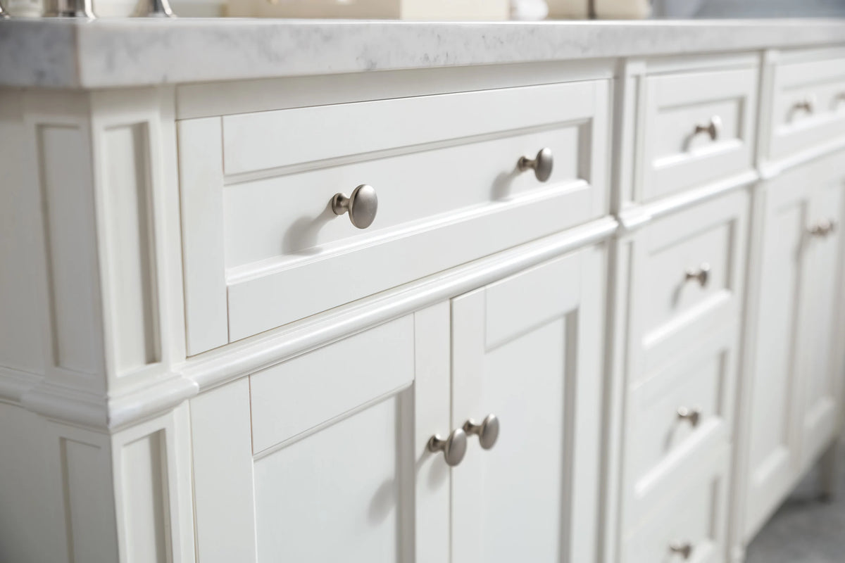Brittany 72" Double Vanity, Bright White Vanity w/ 3 CM Carrara Marble Top, view 6