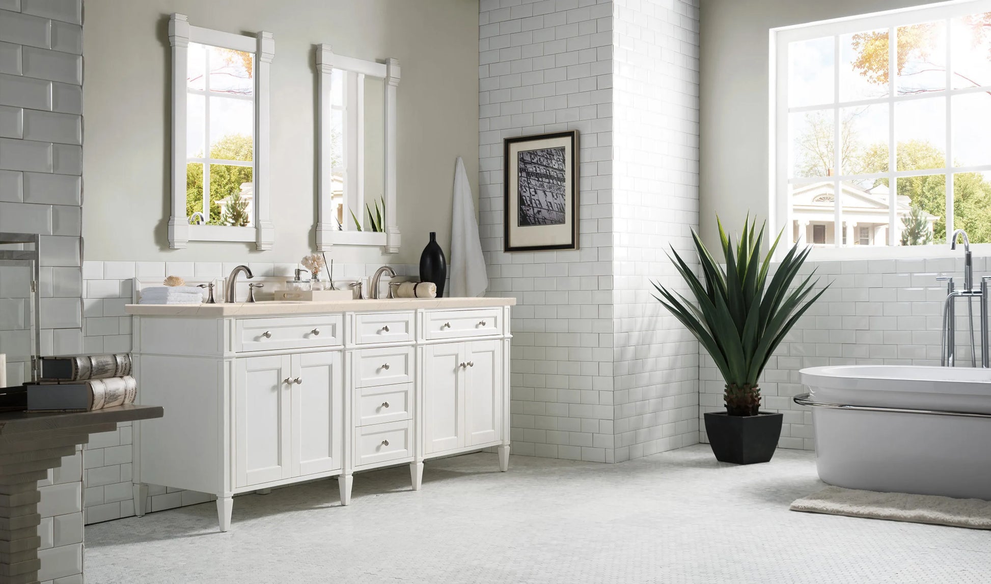 Renovate for Less Atlanta Brittany 72" Double Vanity, Bright White Vanity w/ 3 CM Eternal Marfil Silestone Top, view 4