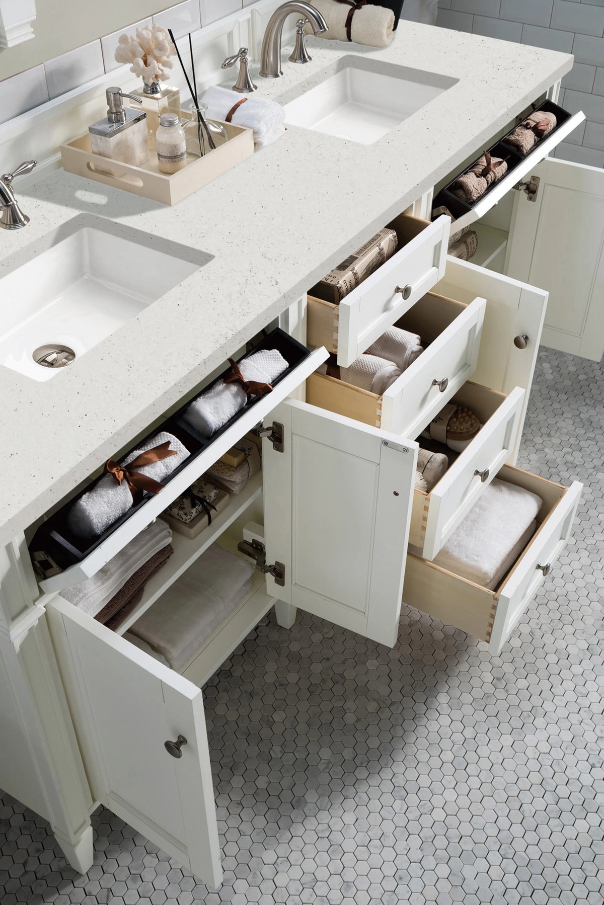 Brittany 72" Double Vanity, Bright White Vanity w/ 3 CM Lime Delight Silestone Top, view 5