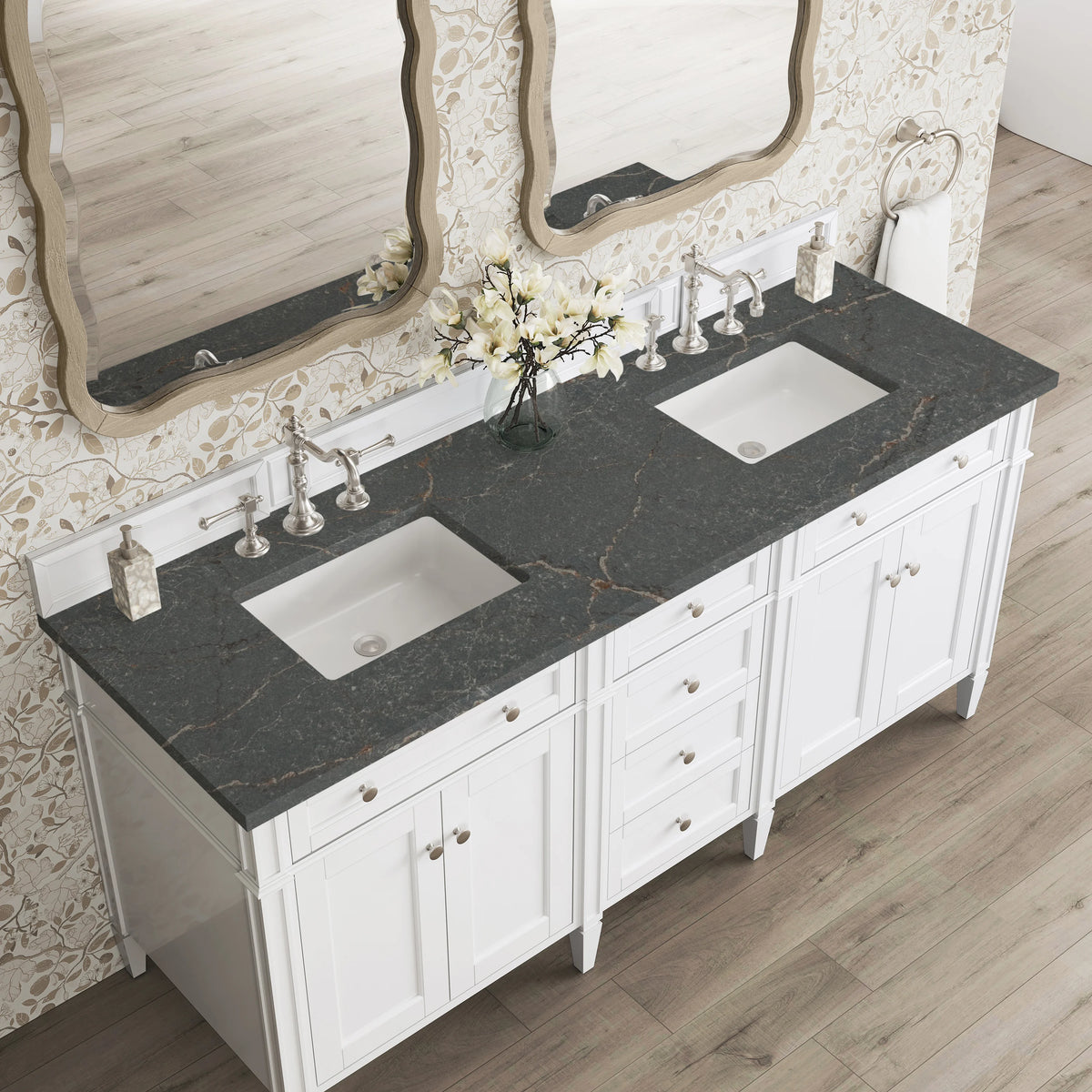 Brittany 72" Double Vanity, Bright White Vanity w/ 3 CM Parisien Bleu Silestone Top, view 7