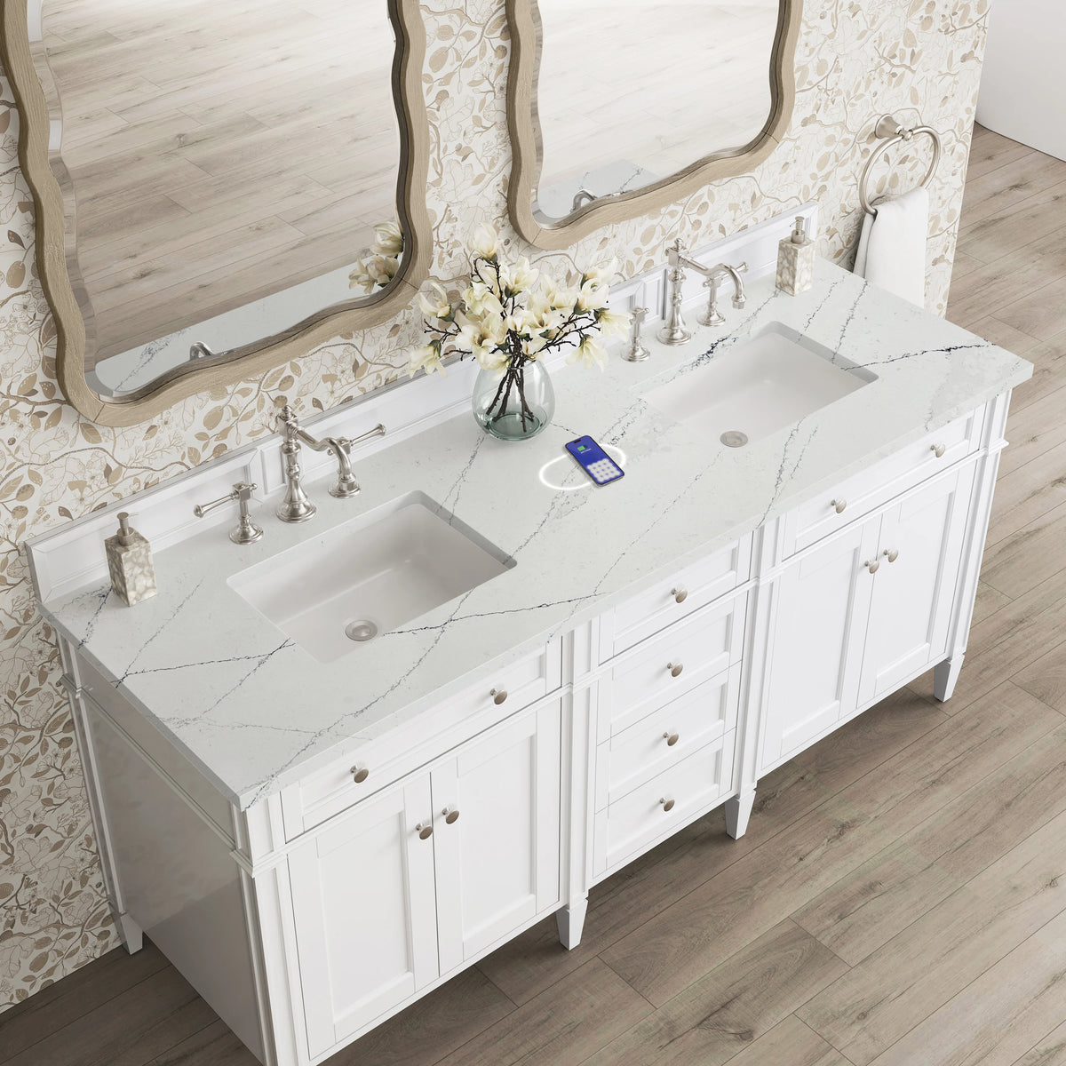 Brittany 72" Double Vanity, Bright White Vanity w/ 3 CM Ethereal Noctis Silestone Top w/FreePower Wireless Cha, view 10