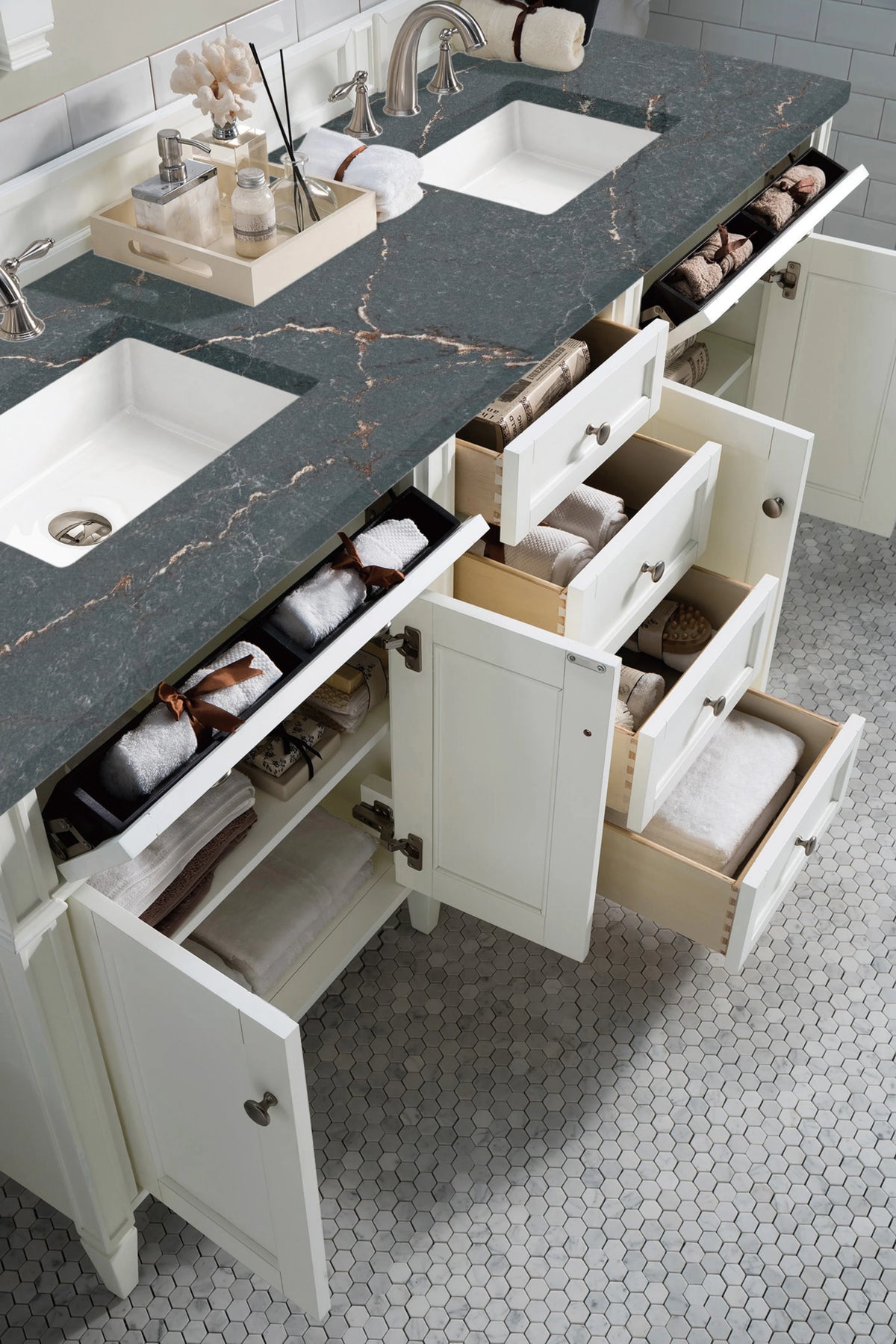 Brittany 72" Double Vanity, Bright White Vanity w/ 3 CM Parisien Bleu Silestone Top w/FreePower Wireless Charger, view 8