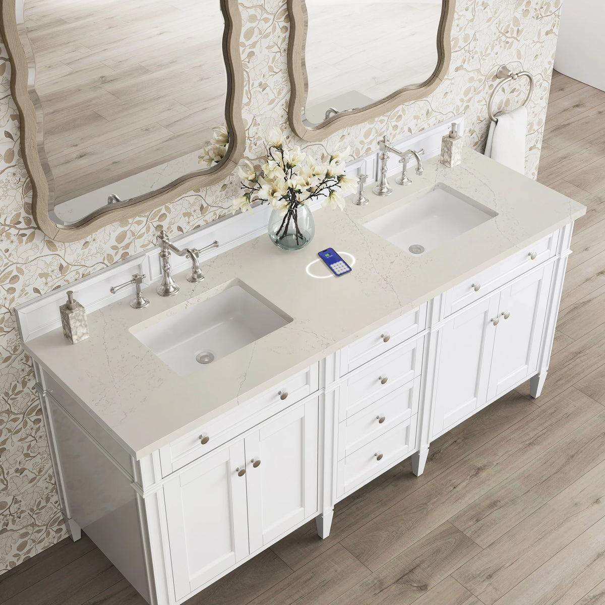 Brittany 72" Double Vanity in Bright White, w/ 3 CM Siberian Silestone Top w/FreePower Wireless Charger, view 8