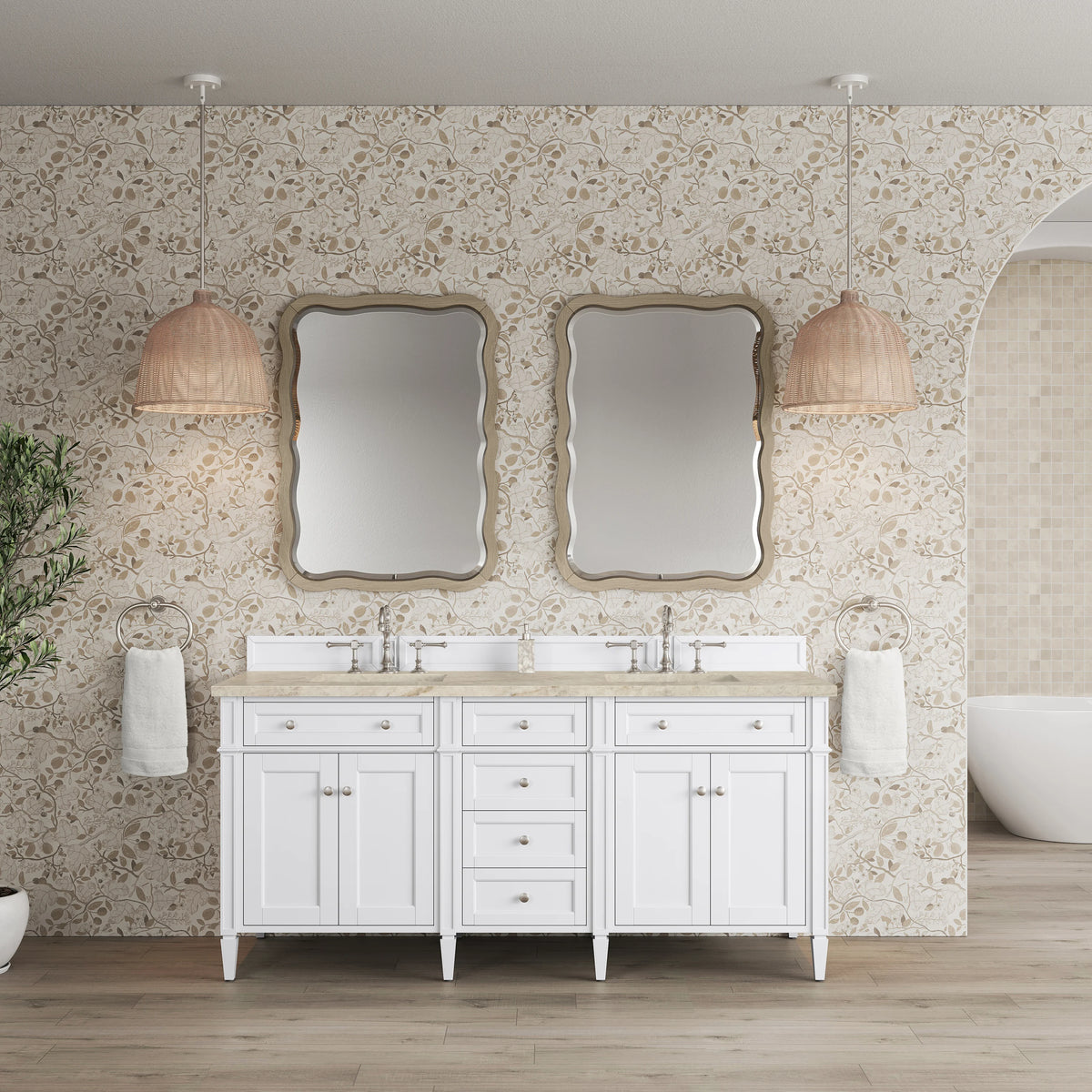 Brittany 72" Double Vanity in Bright White, w/ 3 CM Tajnar Eclos Top w/FreePower Wireless Charger, view 5