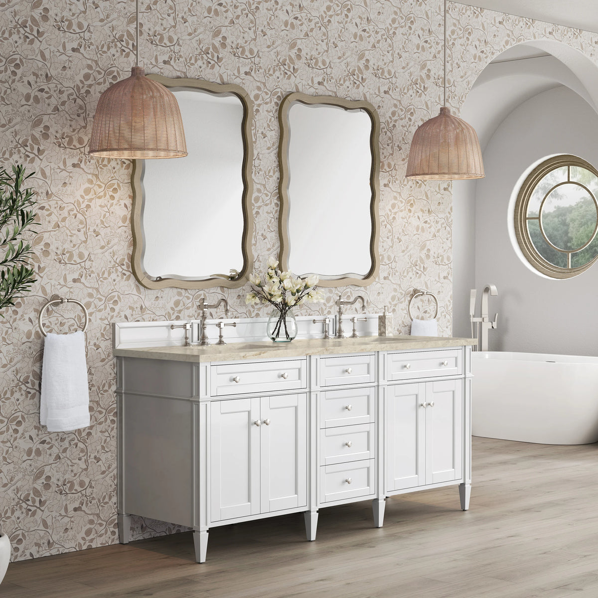 Brittany 72" Double Vanity in Bright White, w/ 3 CM Tajnar Eclos Top w/FreePower Wireless Charger, view 6