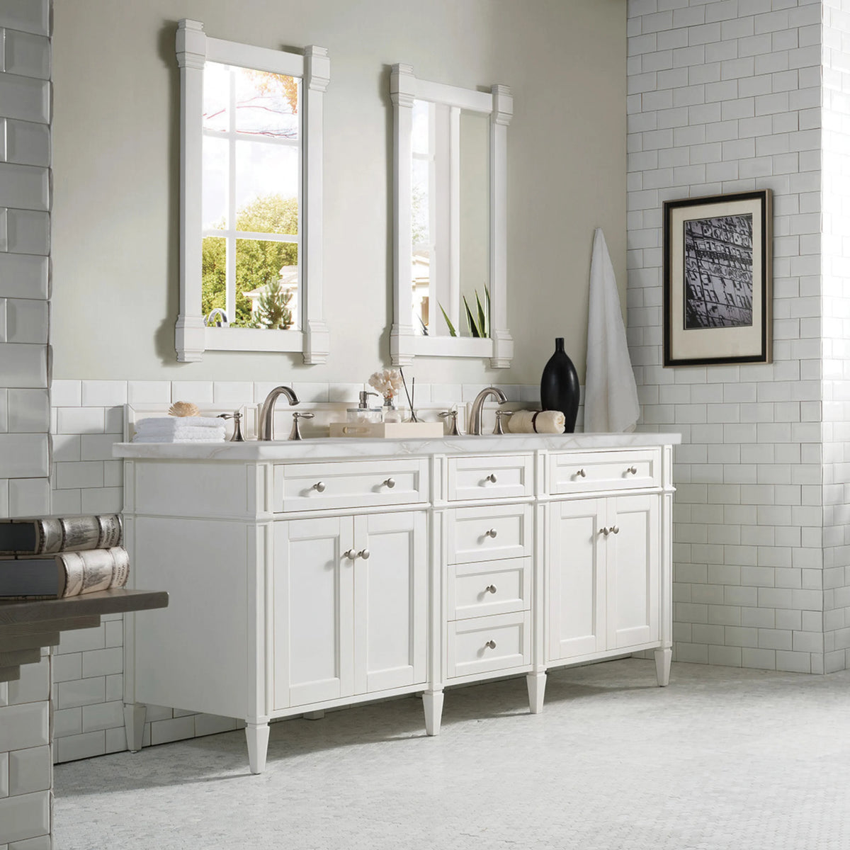 Brittany 72" Double Vanity, Bright White Vanity w/ 3 CM Victorian Silver Silestone Top w/FreePower Wireless Cha, view 7