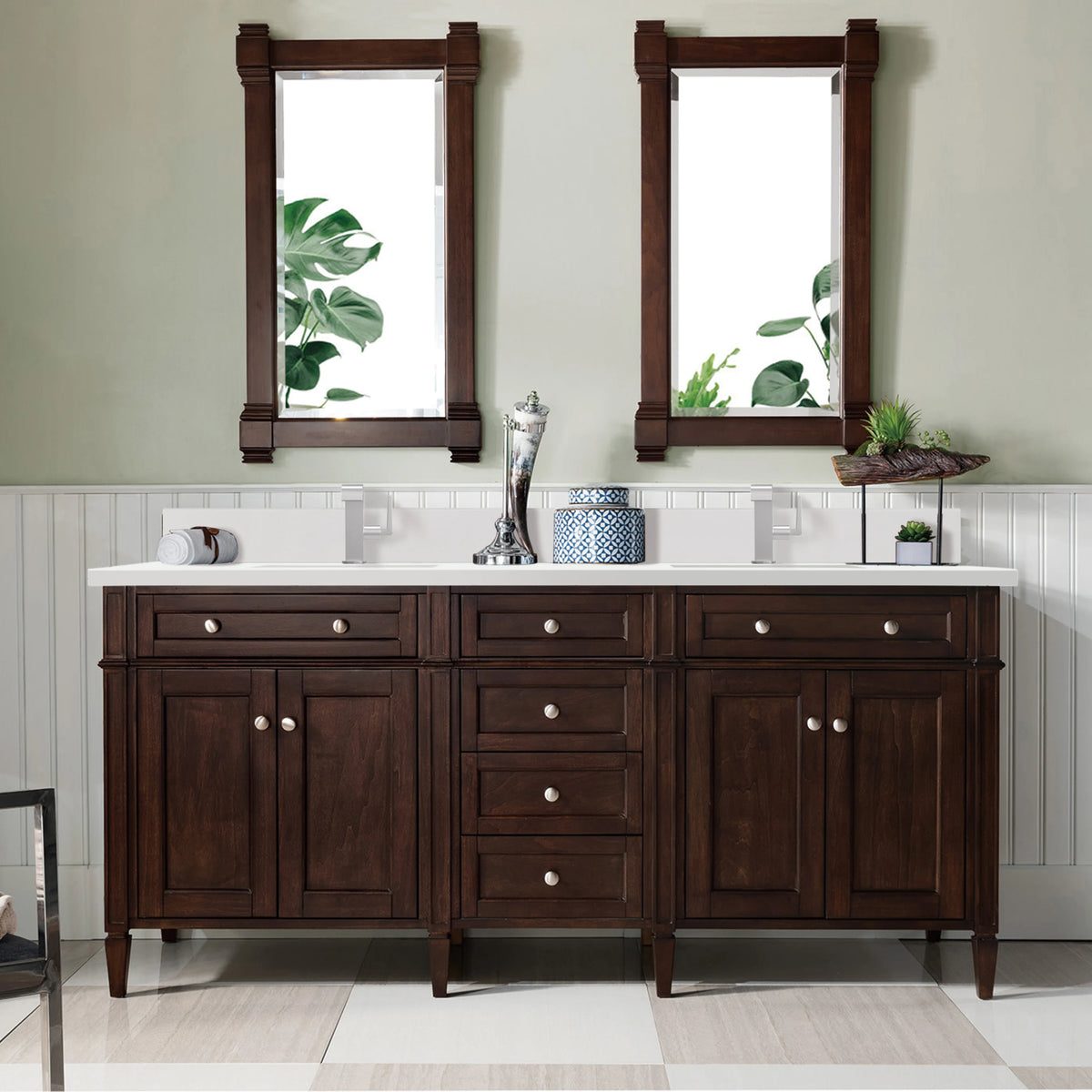 Brittany 72" Double Vanity, Burnished Mahogany w/ Single Hole 3 CM White Zeus Silestone Top & Backsplash, view 3