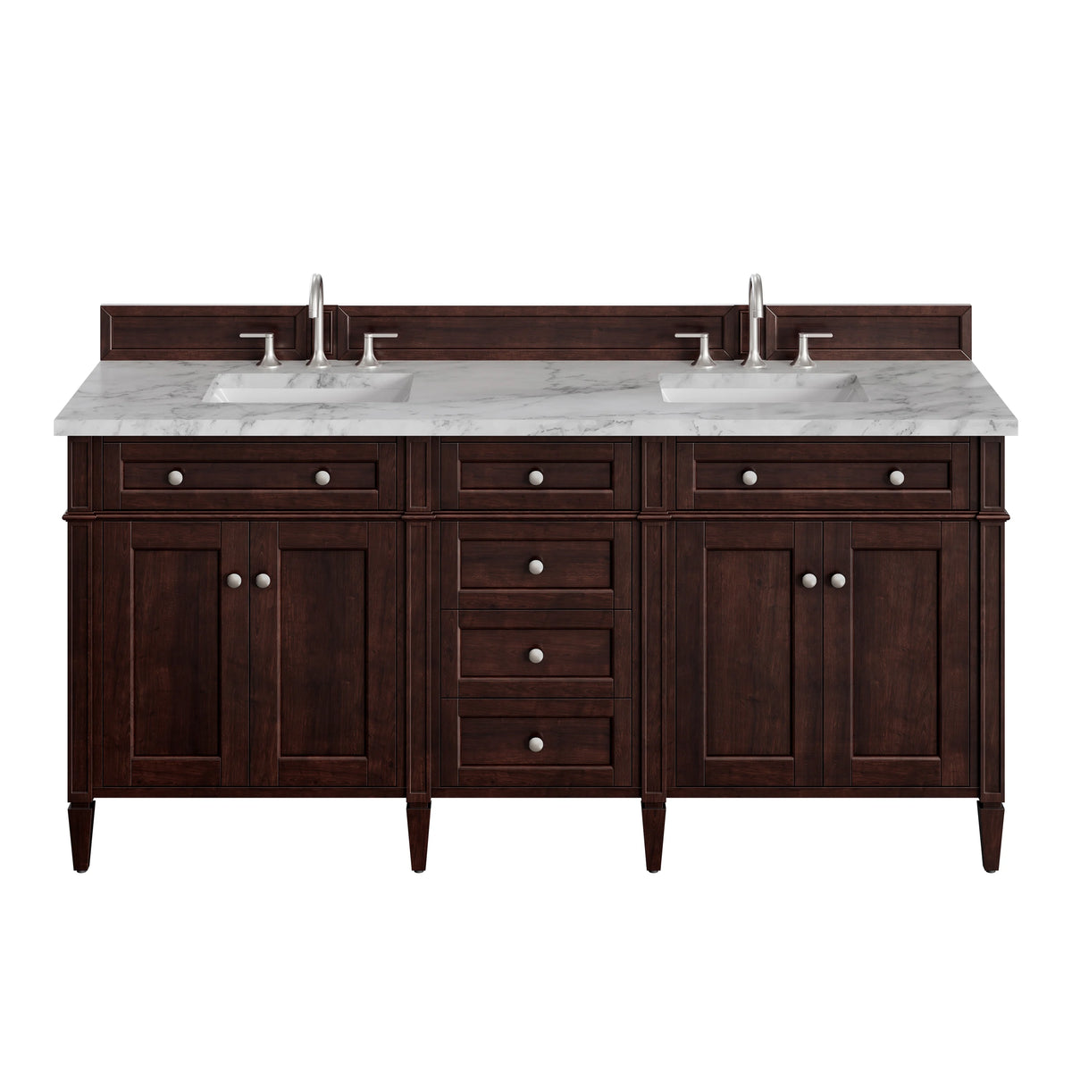 Brittany 72" Double Vanity, Burnished Mahogany w/ 3 CM Carrara Marble Top